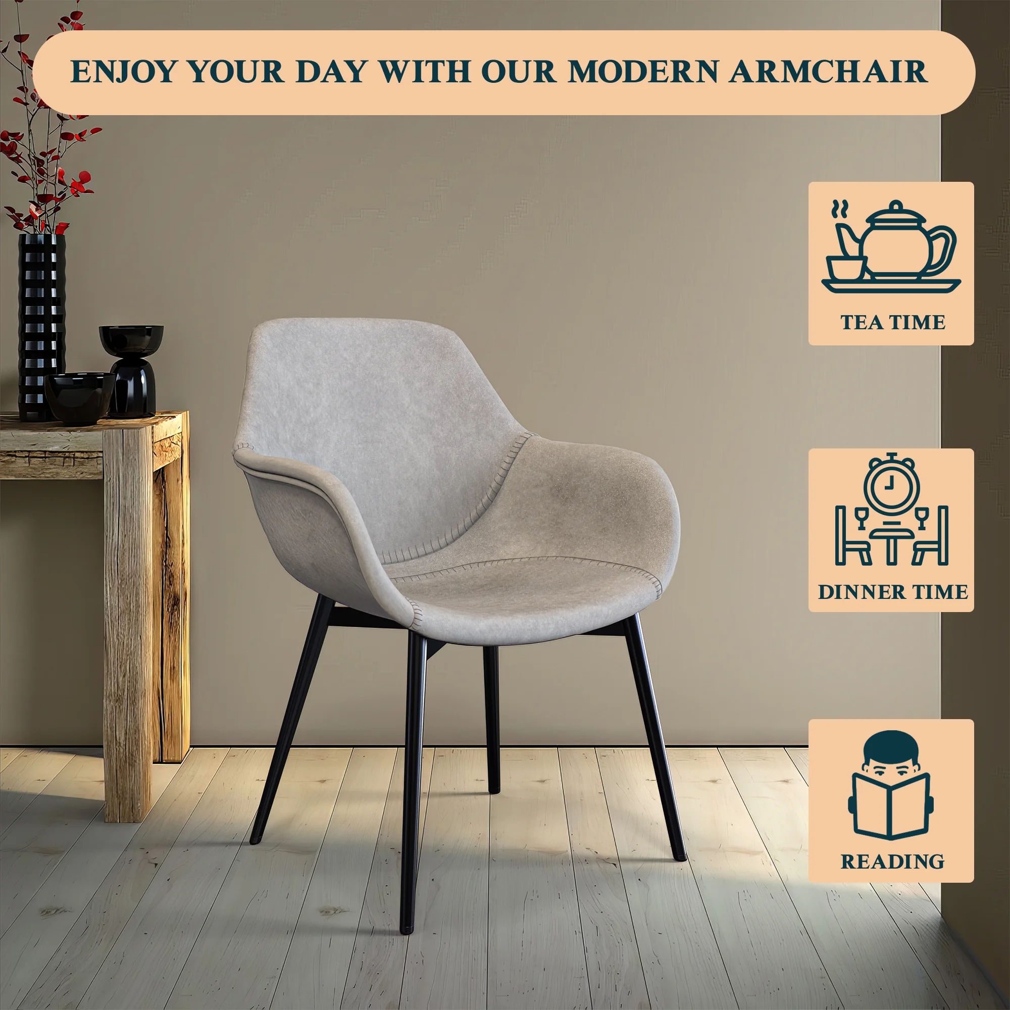 Markley Modern Leather Dining Arm Chair With Metal Legs Set of 4, Light Grey