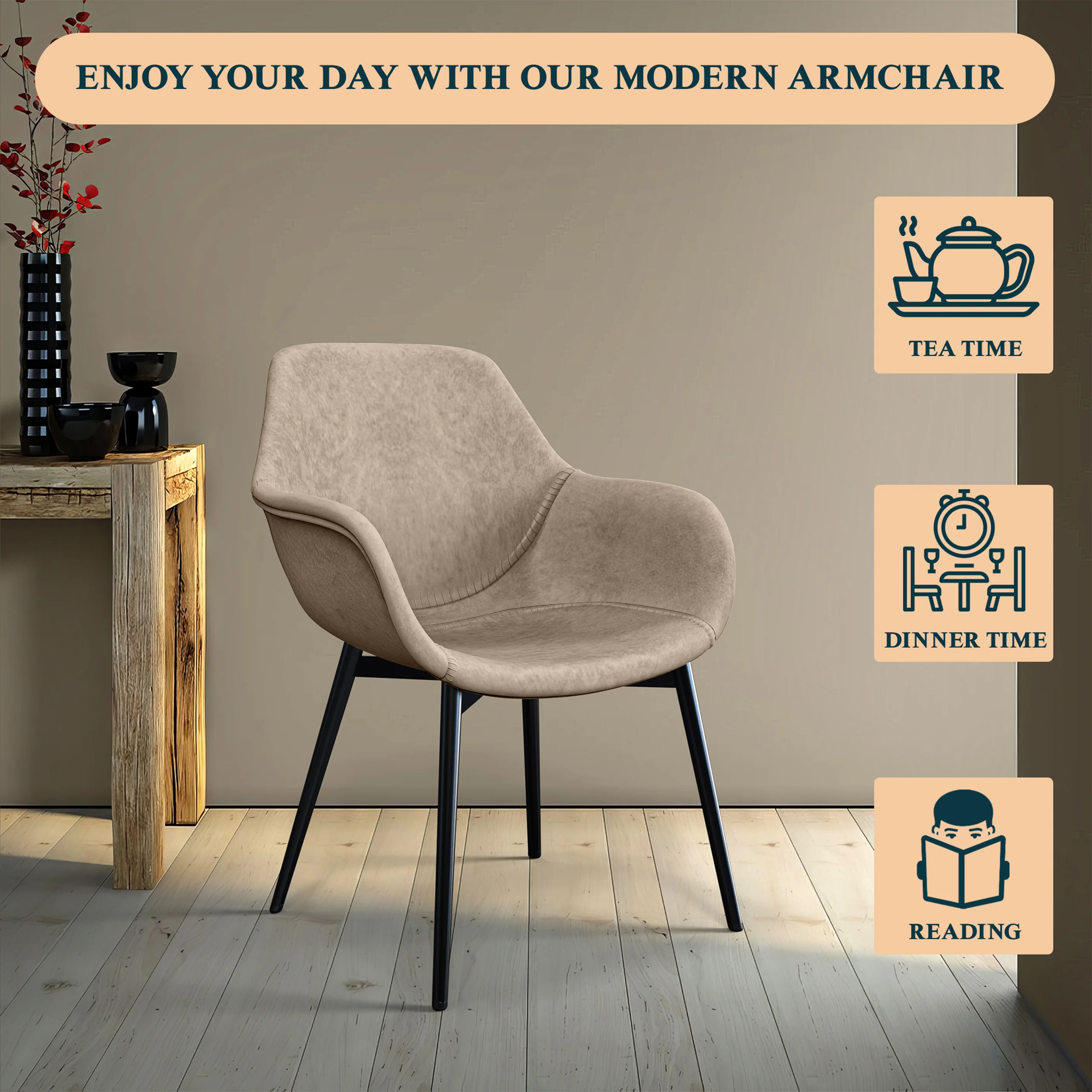 Markley Modern Leather Dining Arm Chair in Taupe