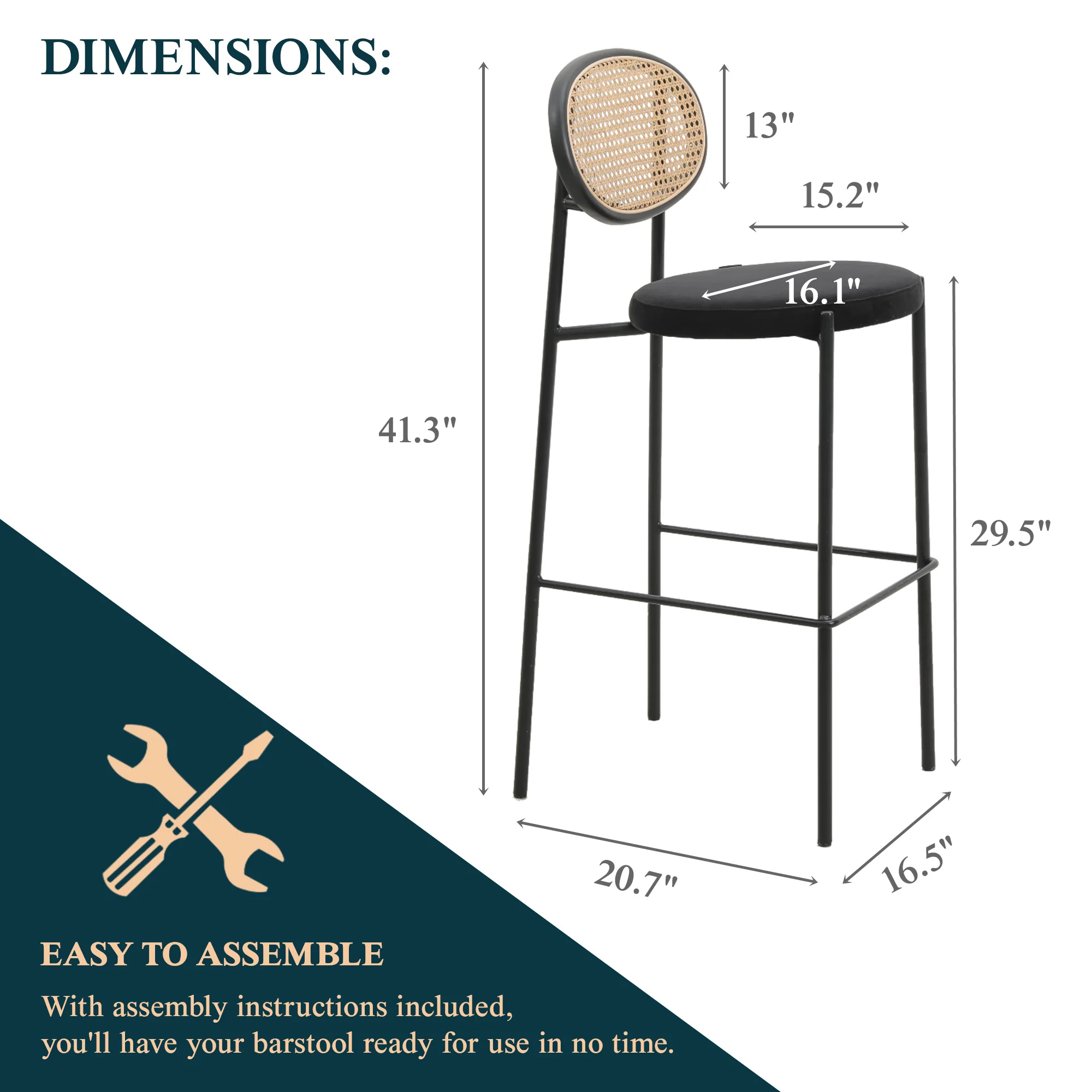 Euston Modern Wicker Bar Stool With Black Steel Frame in Black