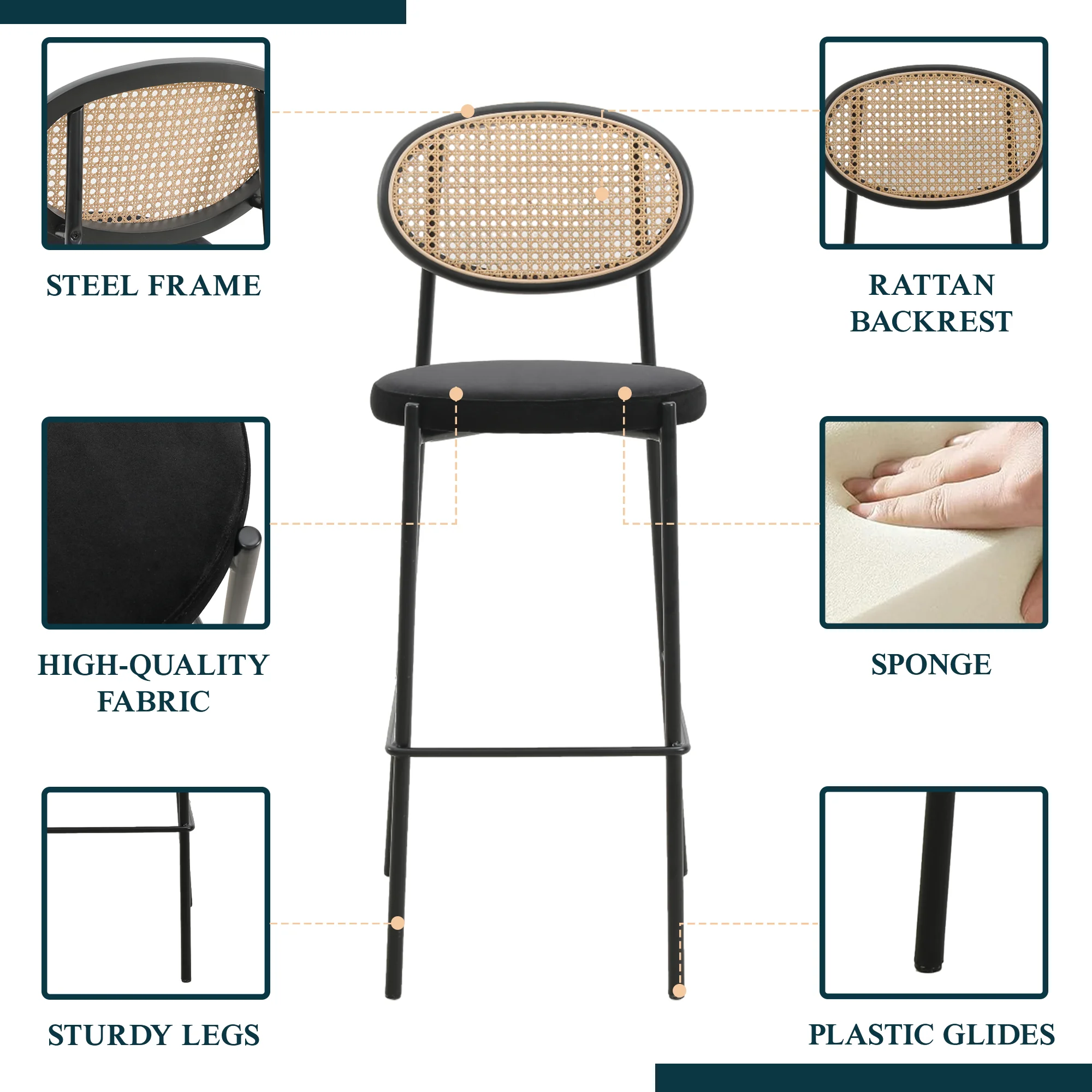 Euston Modern Wicker Bar Stool With Black Steel Frame, Set of 2 in Black