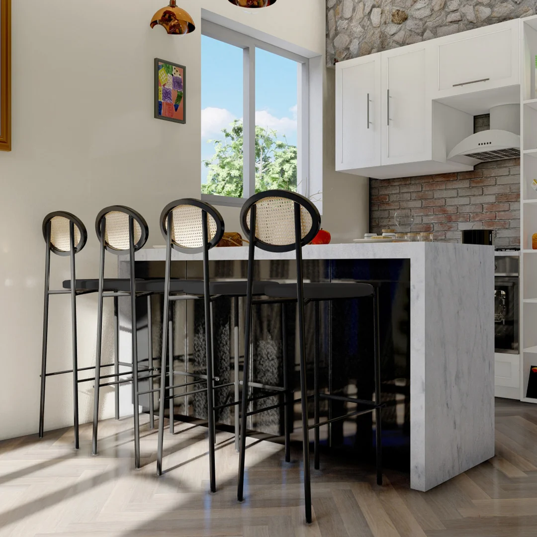 Euston Modern Wicker Bar Stool With Black Steel Frame, Set of 2 in Black