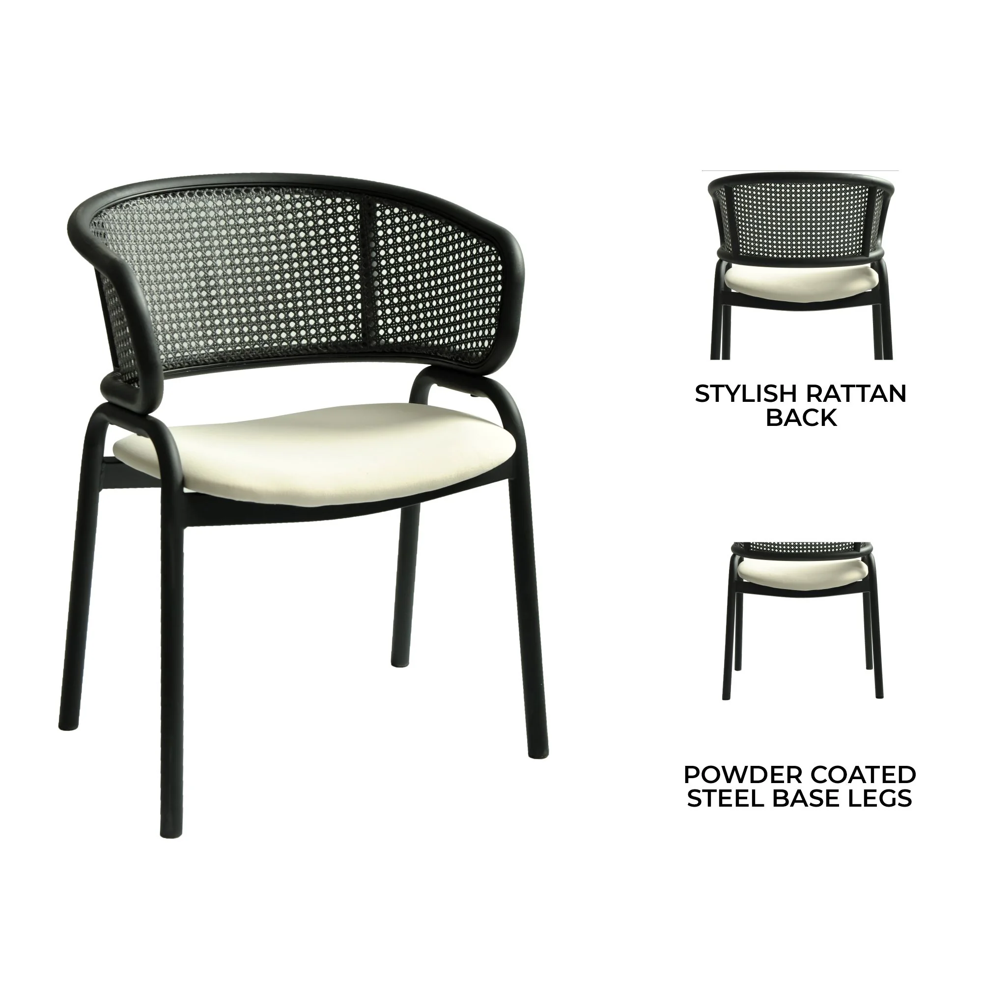 Ervilla Dining Armchair in Black Steel Frame with Black Wicker Back and Beige Seat
