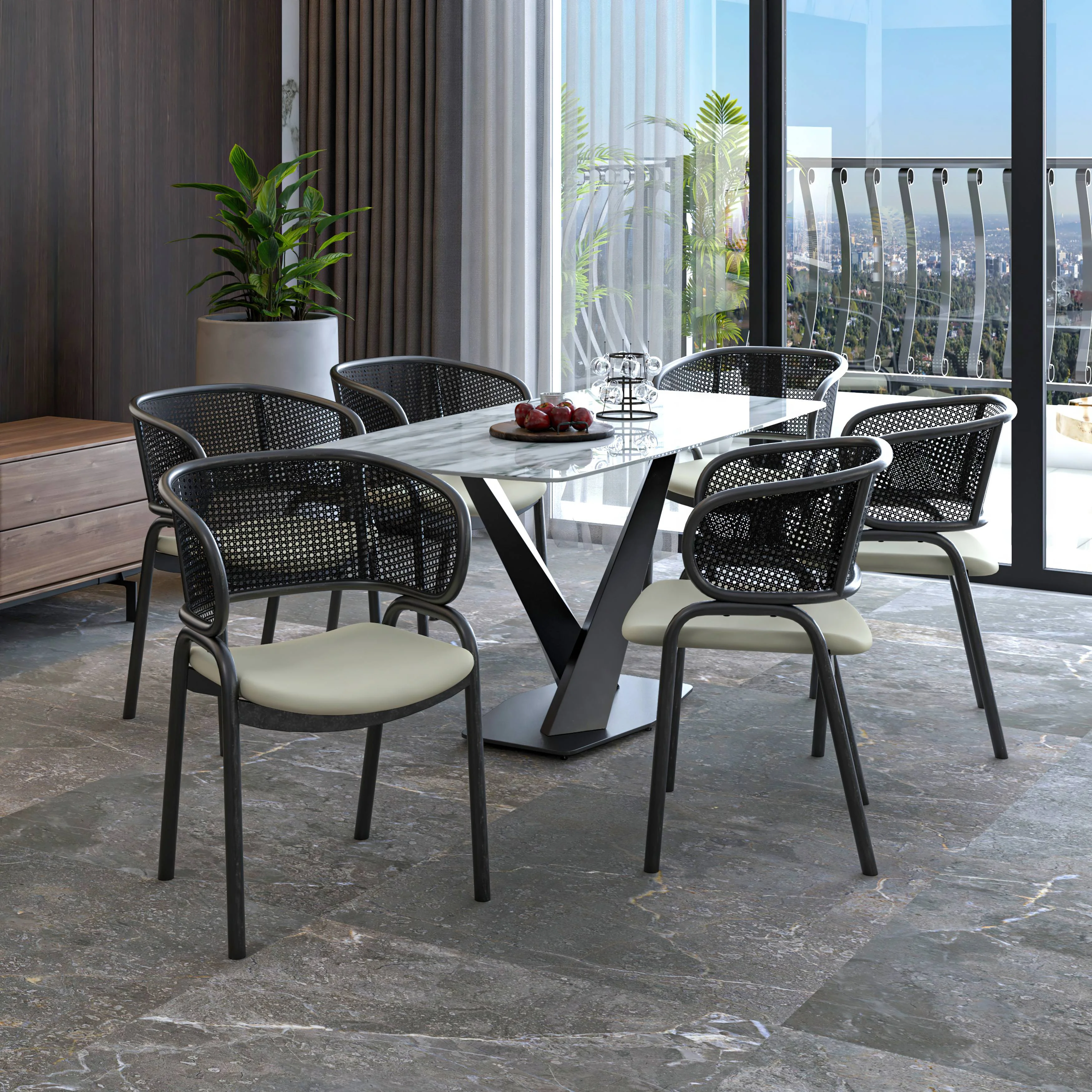 Ervilla Dining Armchair in Black Steel Frame with Black Wicker Back and Beige Seat Set of 4