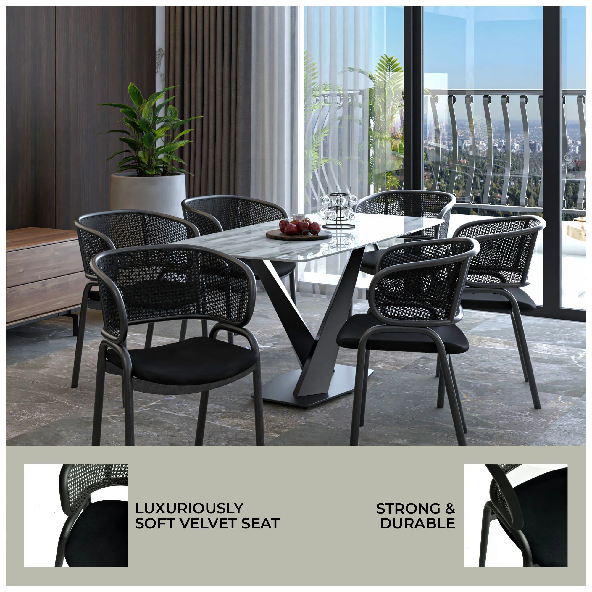 Ervilla Dining Armchair in Black Steel Frame with Black Wicker Back and Black Seat