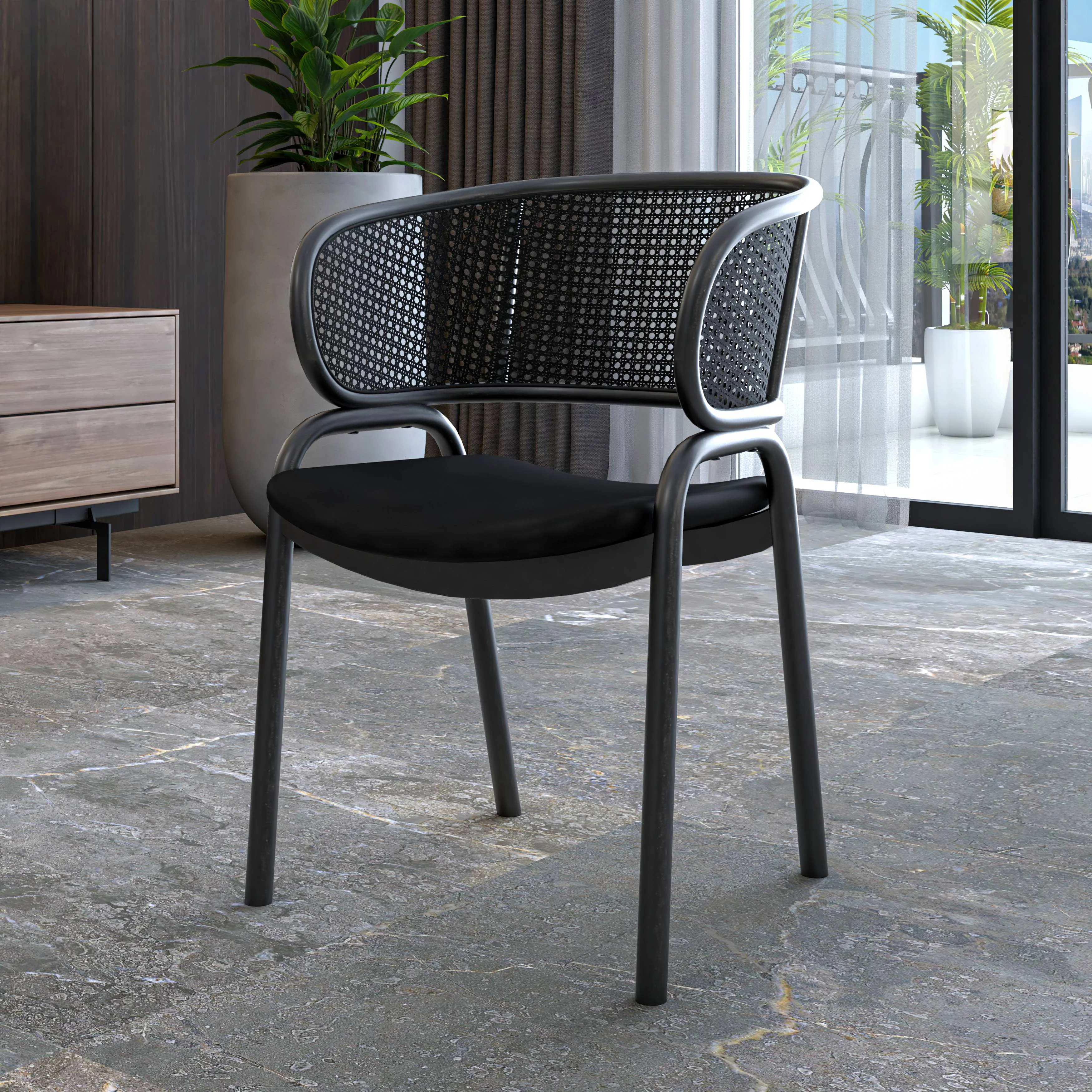 Ervilla Dining Armchair in Black Steel Frame with Black Wicker Back and Black Seat Set of 2