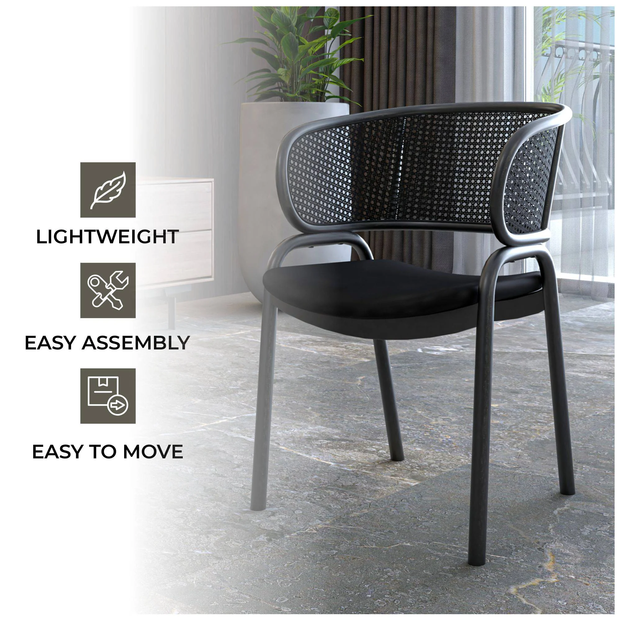 Ervilla Dining Armchair in Black Steel Frame with Black Wicker Back and Black Seat Set of 2