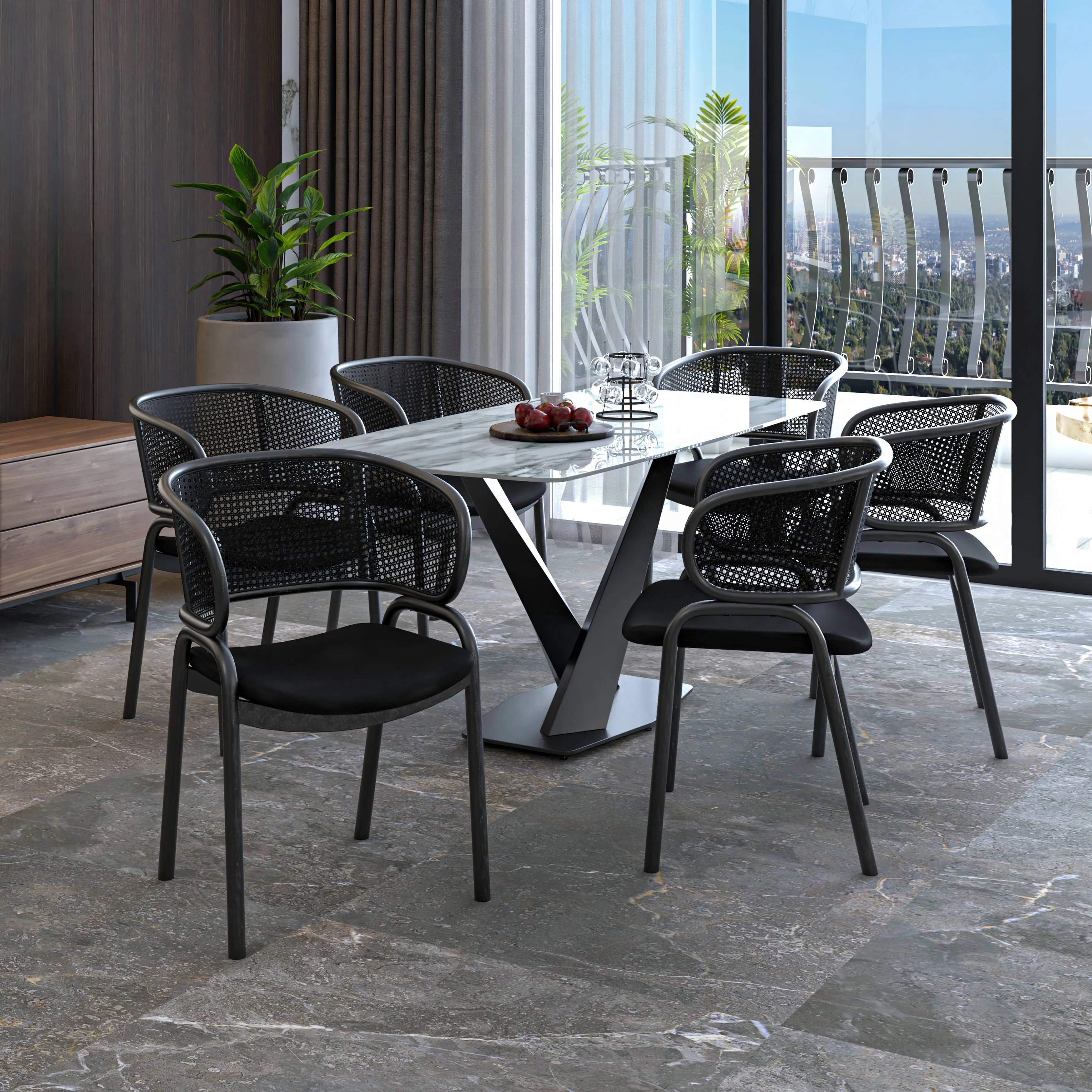 Ervilla Dining Armchair in Black Steel Frame with Black Wicker Back and Black Seat Set of 4