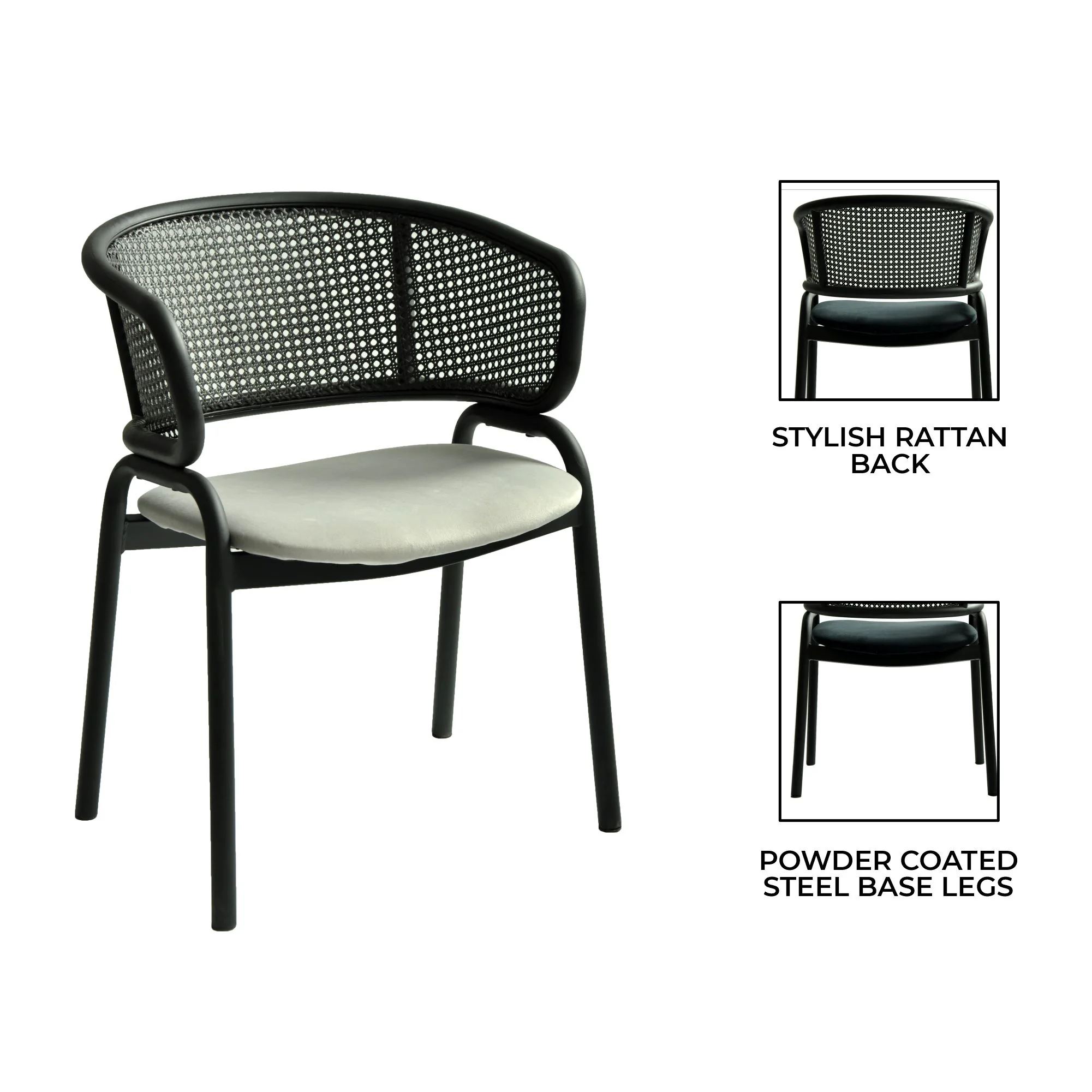 Ervilla Dining Armchair in Black Steel Frame with Black Wicker Back and Grey Seat