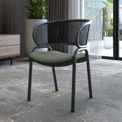 Ervilla Dining Armchair in Black Steel Frame with Black Wicker Back and Grey Seat