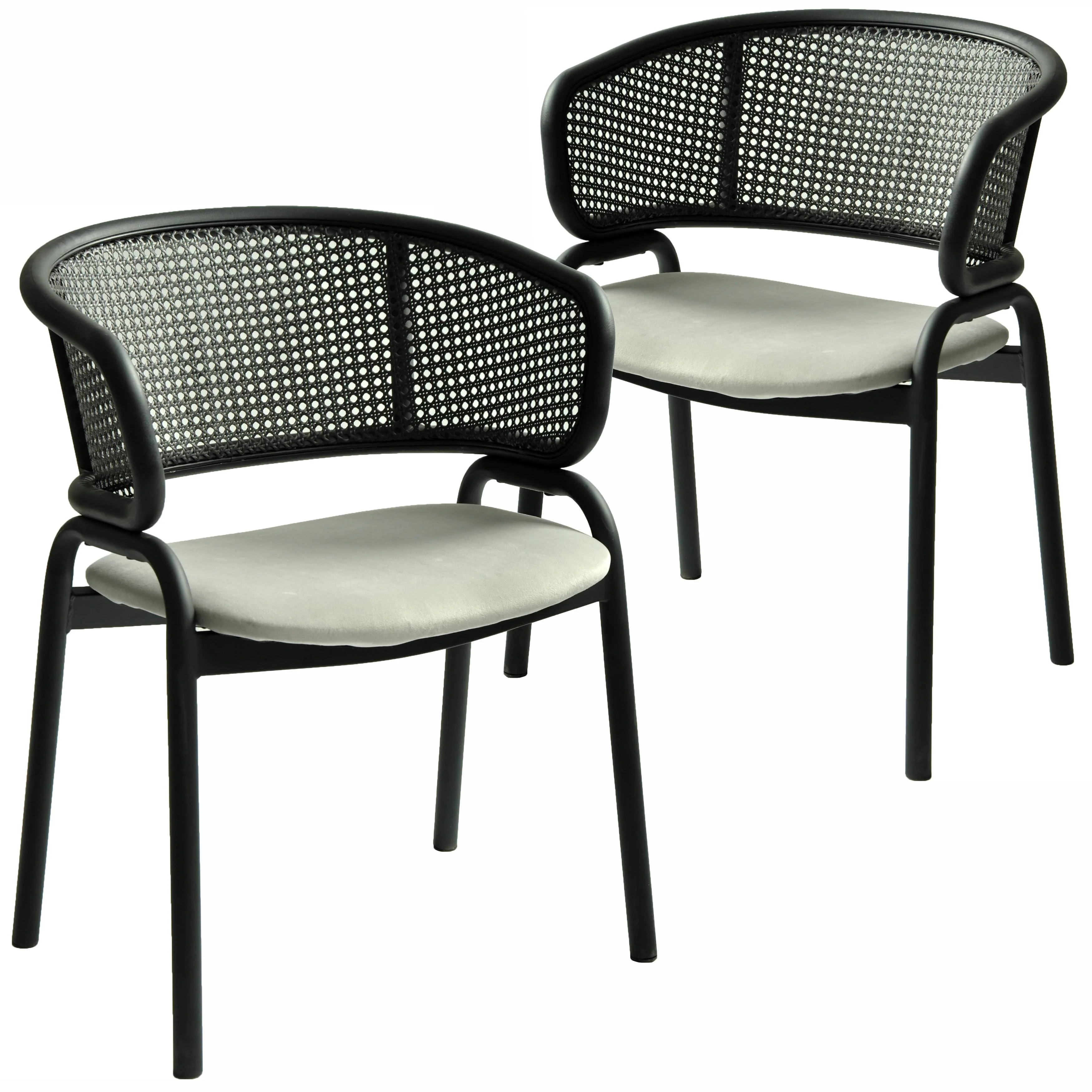Ervilla Dining Armchair in Black Steel Frame with Black Wicker Back and Grey Seat Set of 2