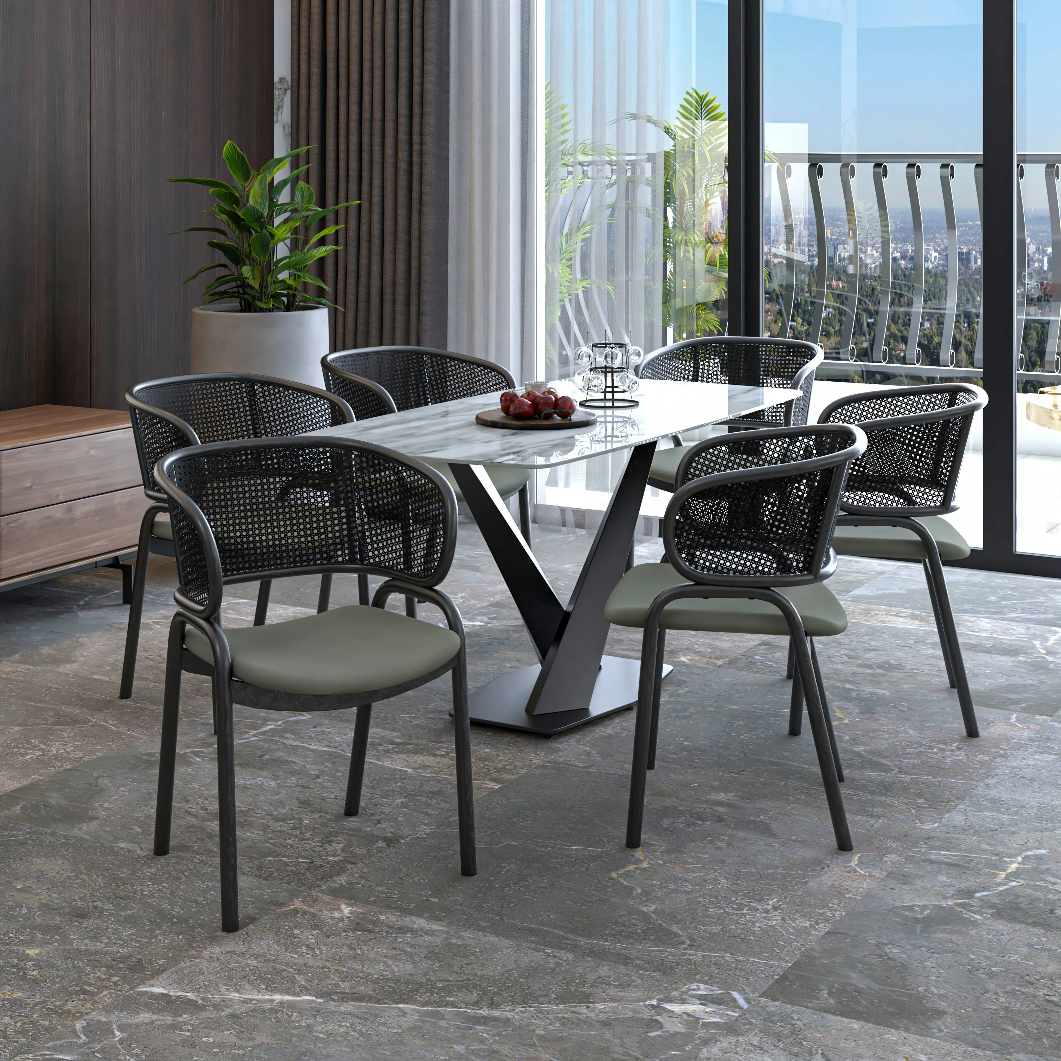 Ervilla Dining Armchair in Black Steel Frame with Black Wicker Back and Grey Seat Set of 2