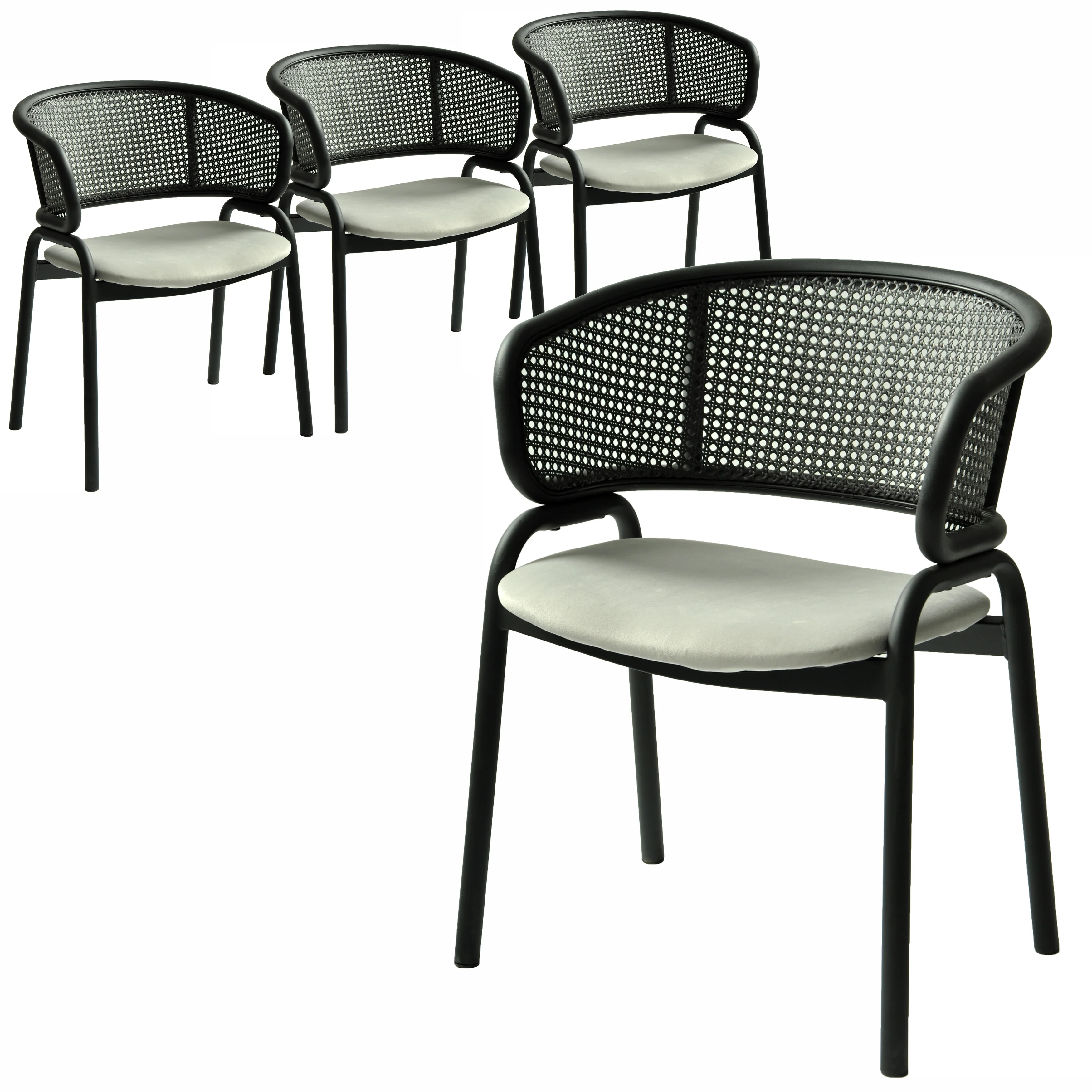 Ervilla Dining Armchair in Black Steel Frame with Black Wicker Back and Grey Seat Set of 4