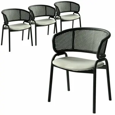 Ervilla Dining Armchair in Black Steel Frame with Black Wicker Back and Grey Seat Set of 4
