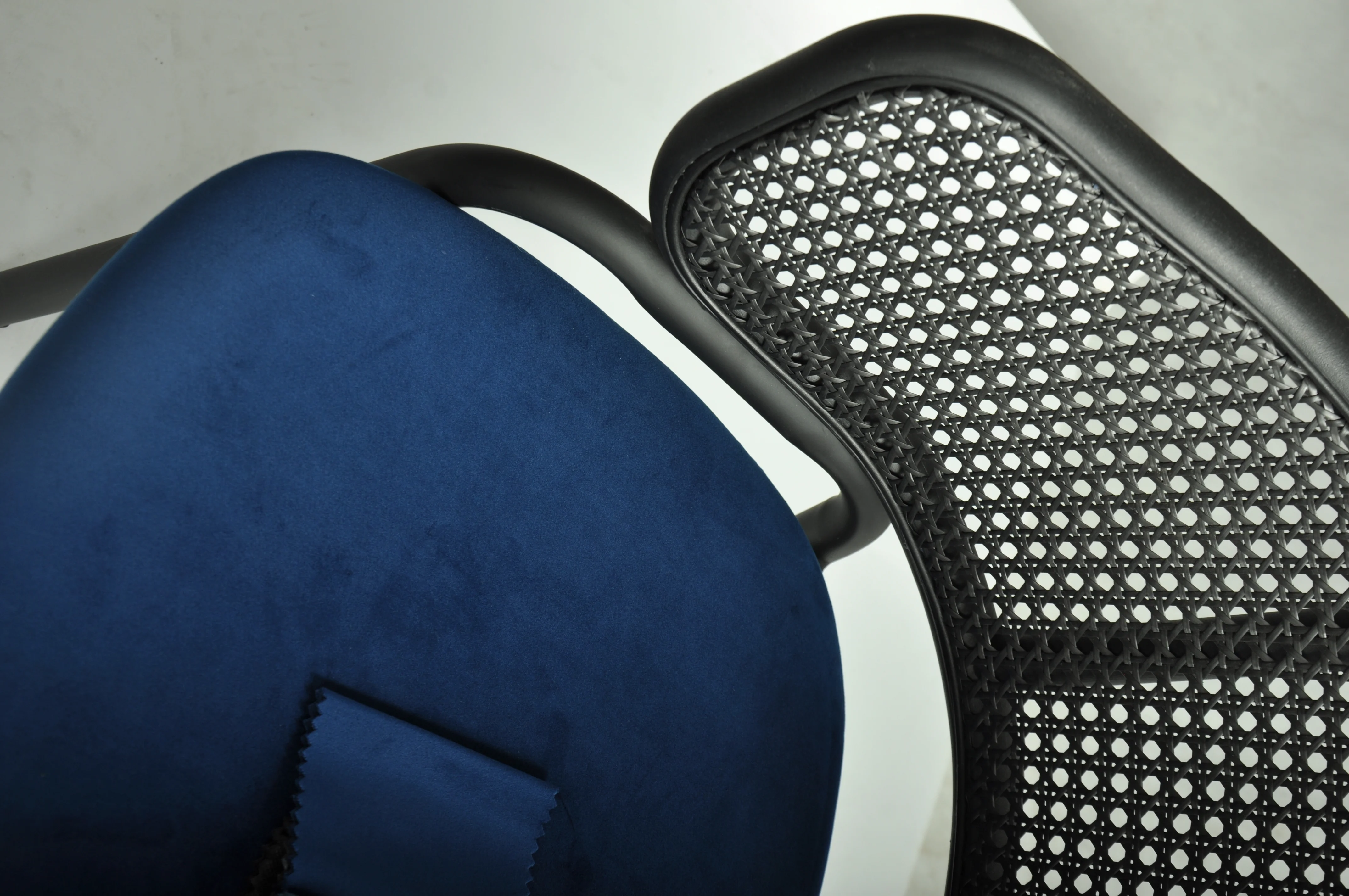 Ervilla Dining Armchair in Black Steel Frame with Black Wicker Back and Navy Blue Seat