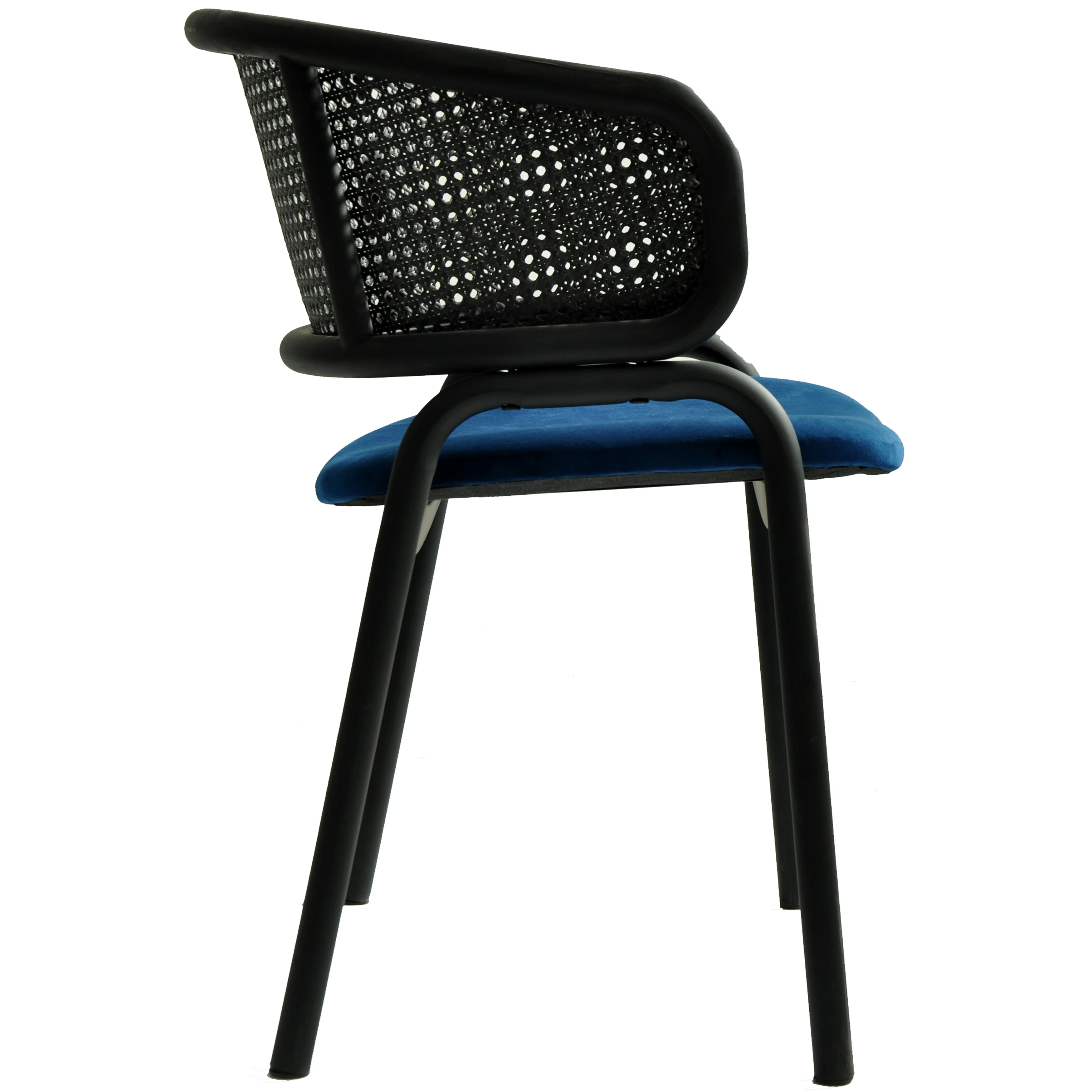 Ervilla Dining Armchair in Black Steel Frame with Black Wicker Back and Navy Blue Seat