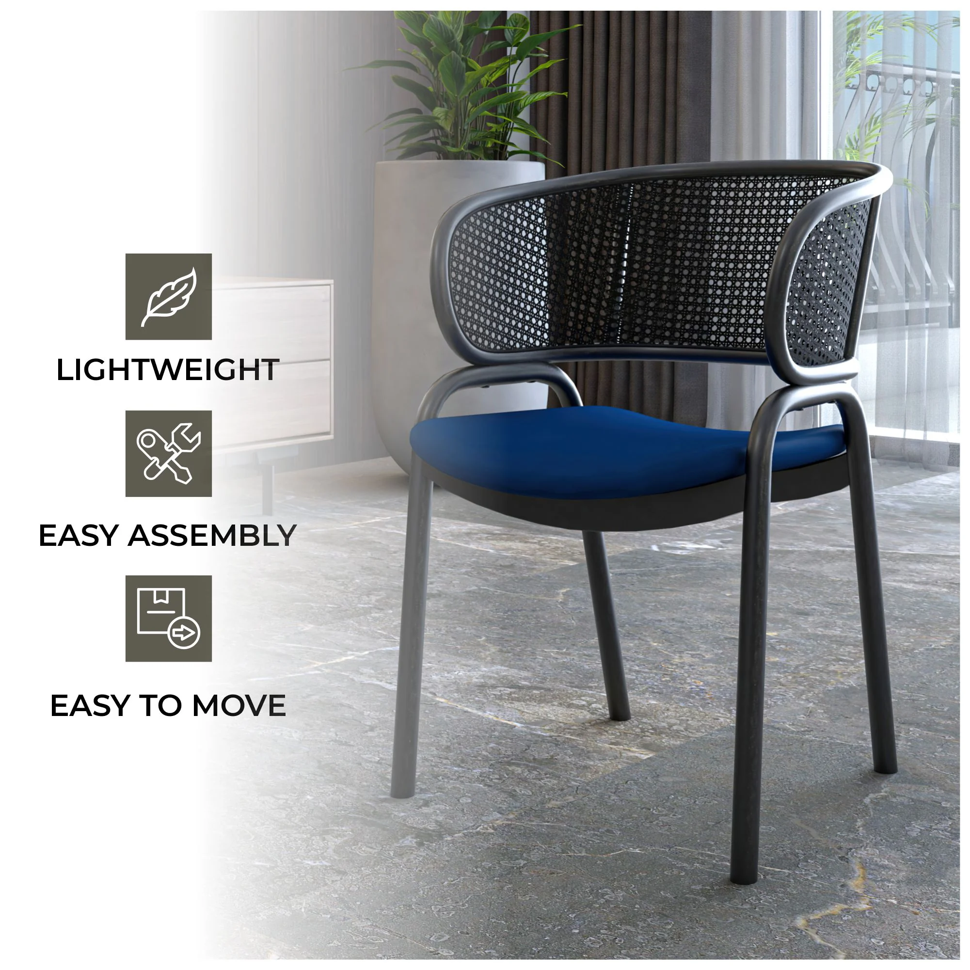 Ervilla Dining Armchair in Black Steel Frame with Black Wicker Back and Navy Blue Seat