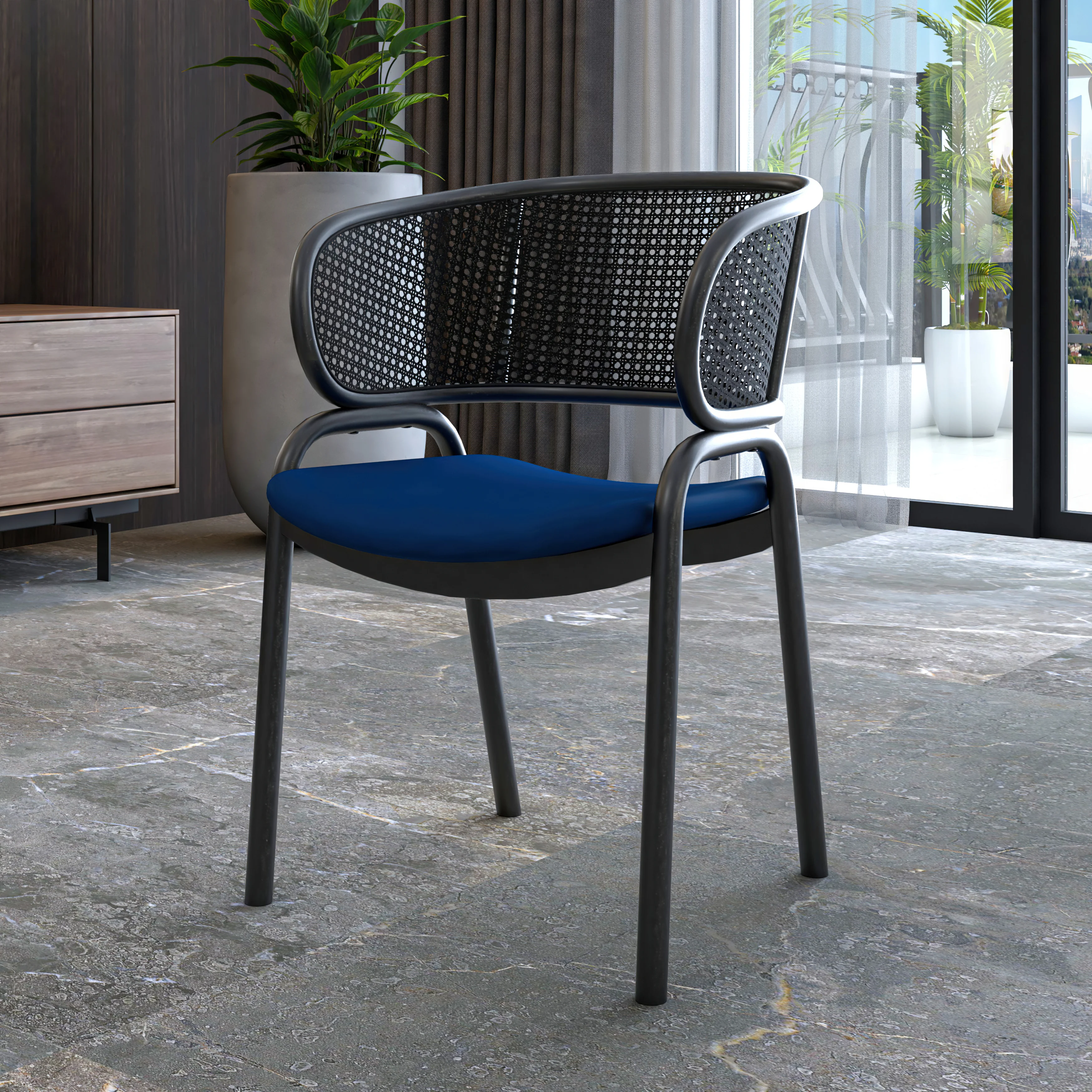 Ervilla Dining Armchair in Black Steel Frame with Black Wicker Back and Navy Blue Seat