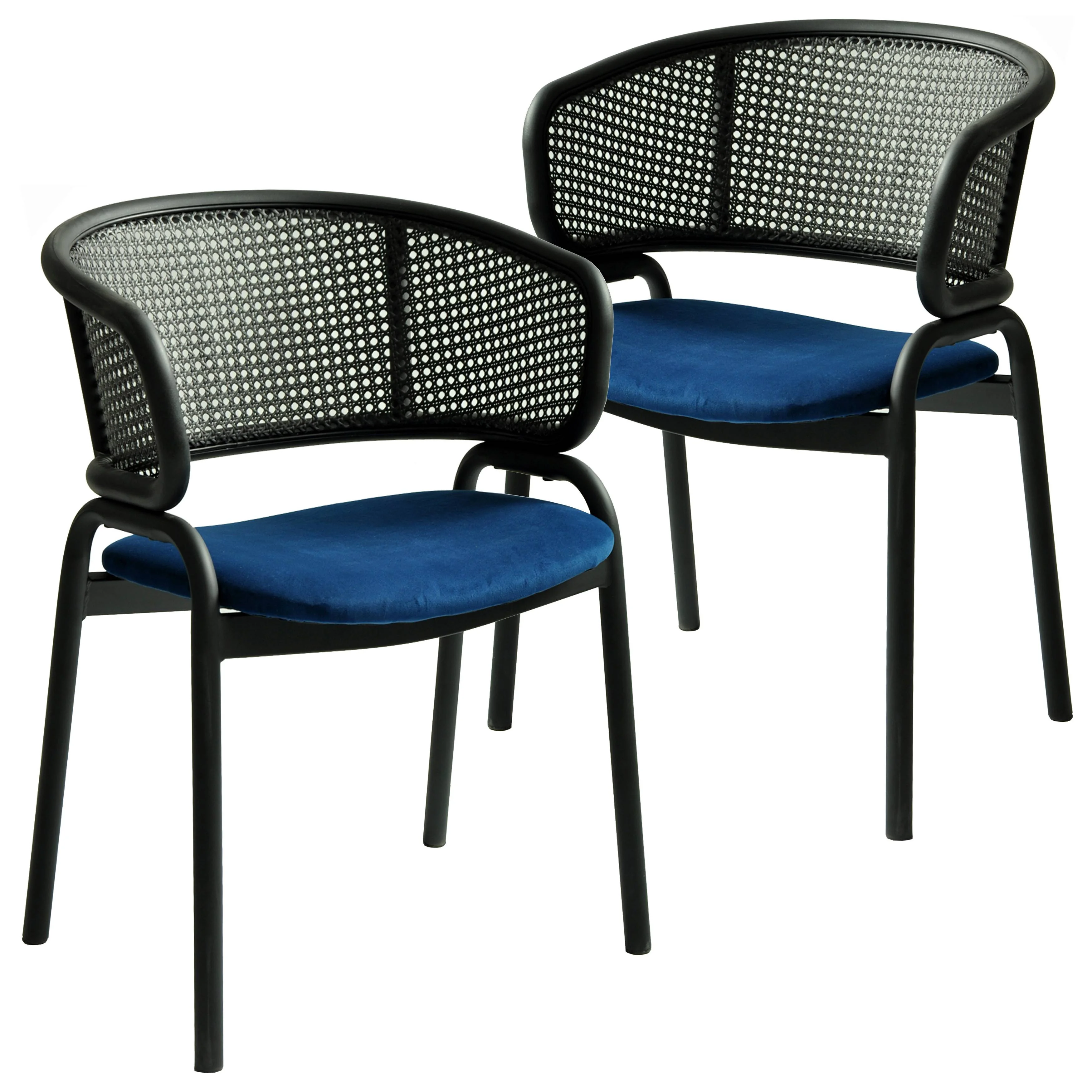 Ervilla Dining Armchair in Black Steel Frame with Black Wicker Back and Navy Blue Seat Set of 2