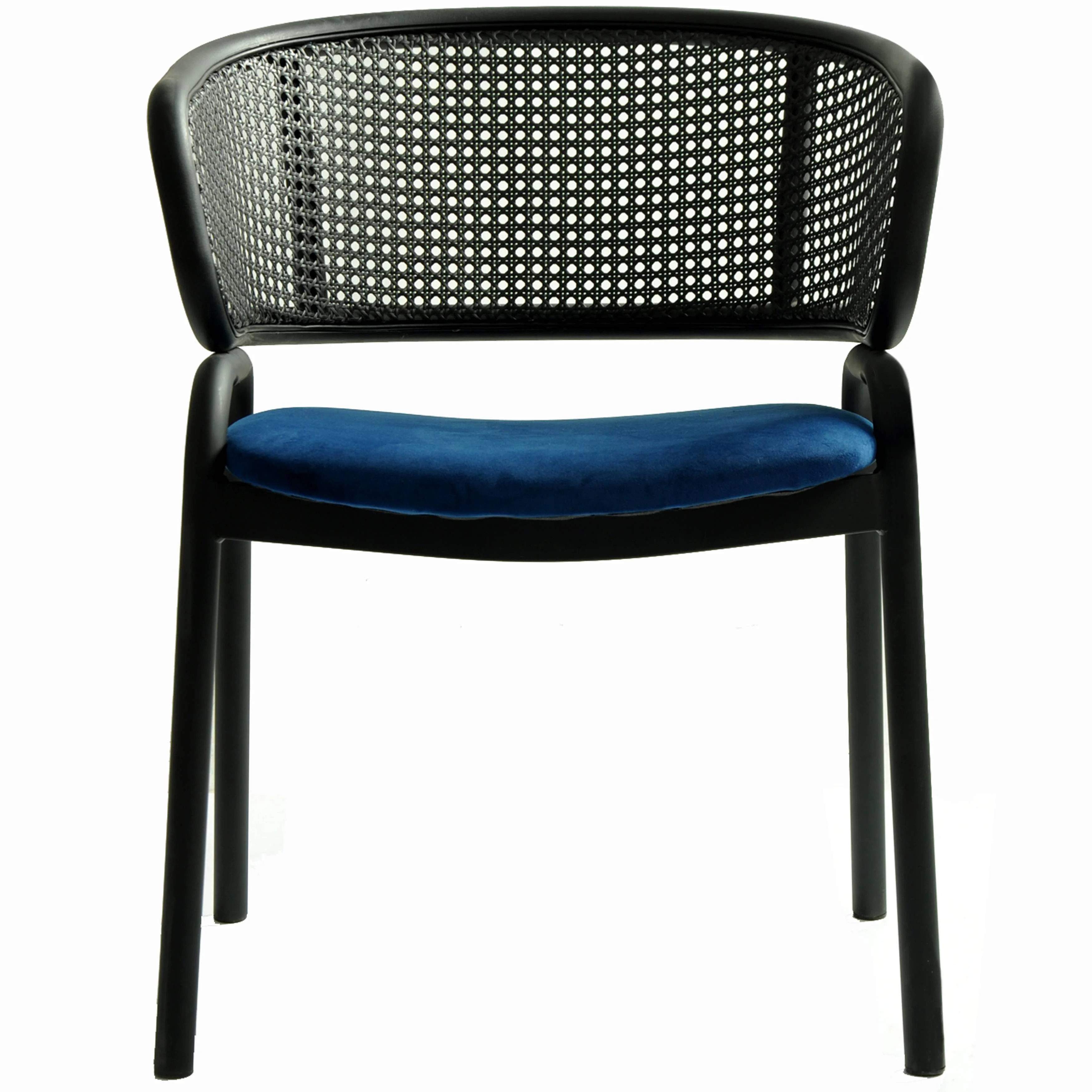 Ervilla Dining Armchair in Black Steel Frame with Black Wicker Back and Navy Blue Seat Set of 2