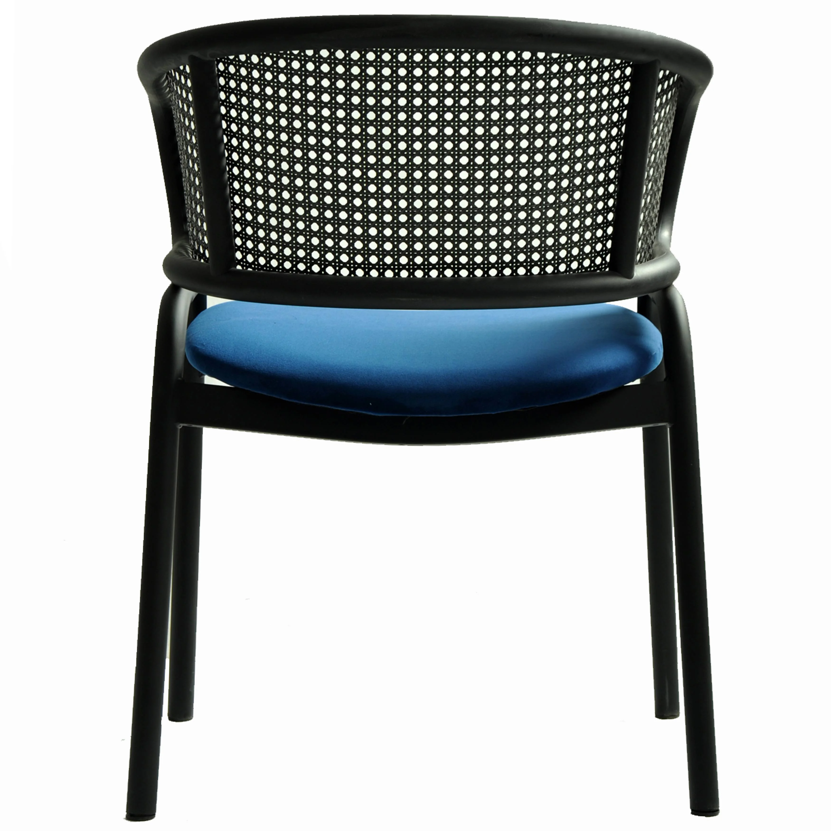 Ervilla Dining Armchair in Black Steel Frame with Black Wicker Back and Navy Blue Seat Set of 4