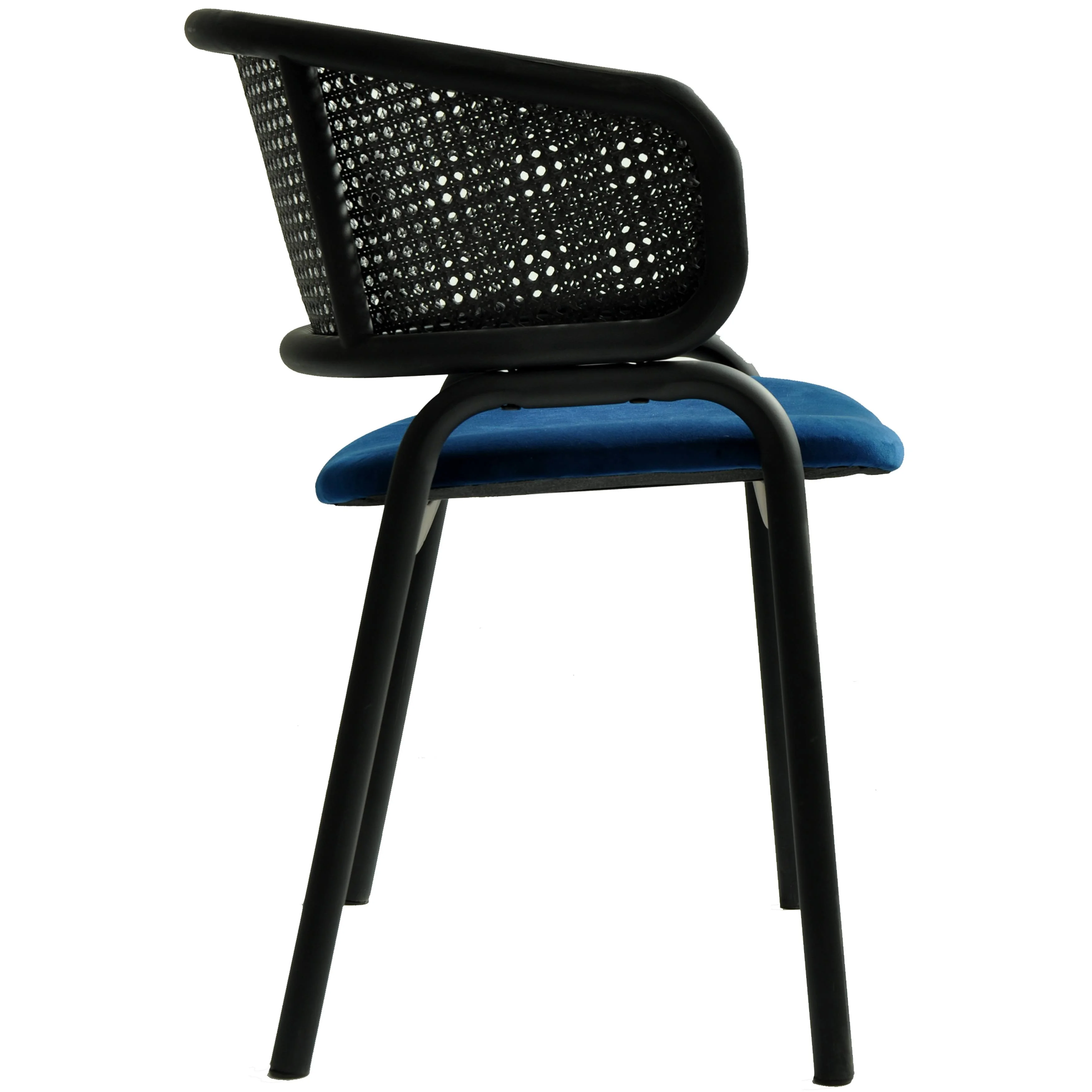 Ervilla Dining Armchair in Black Steel Frame with Black Wicker Back and Navy Blue Seat Set of 4