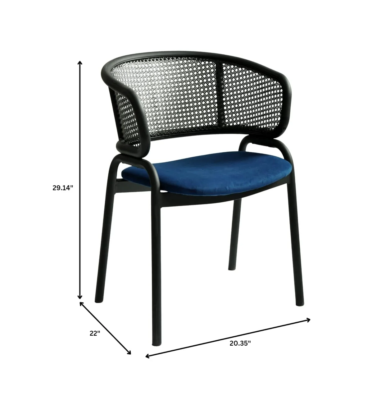 Ervilla Dining Armchair in Black Steel Frame with Black Wicker Back and Navy Blue Seat Set of 4