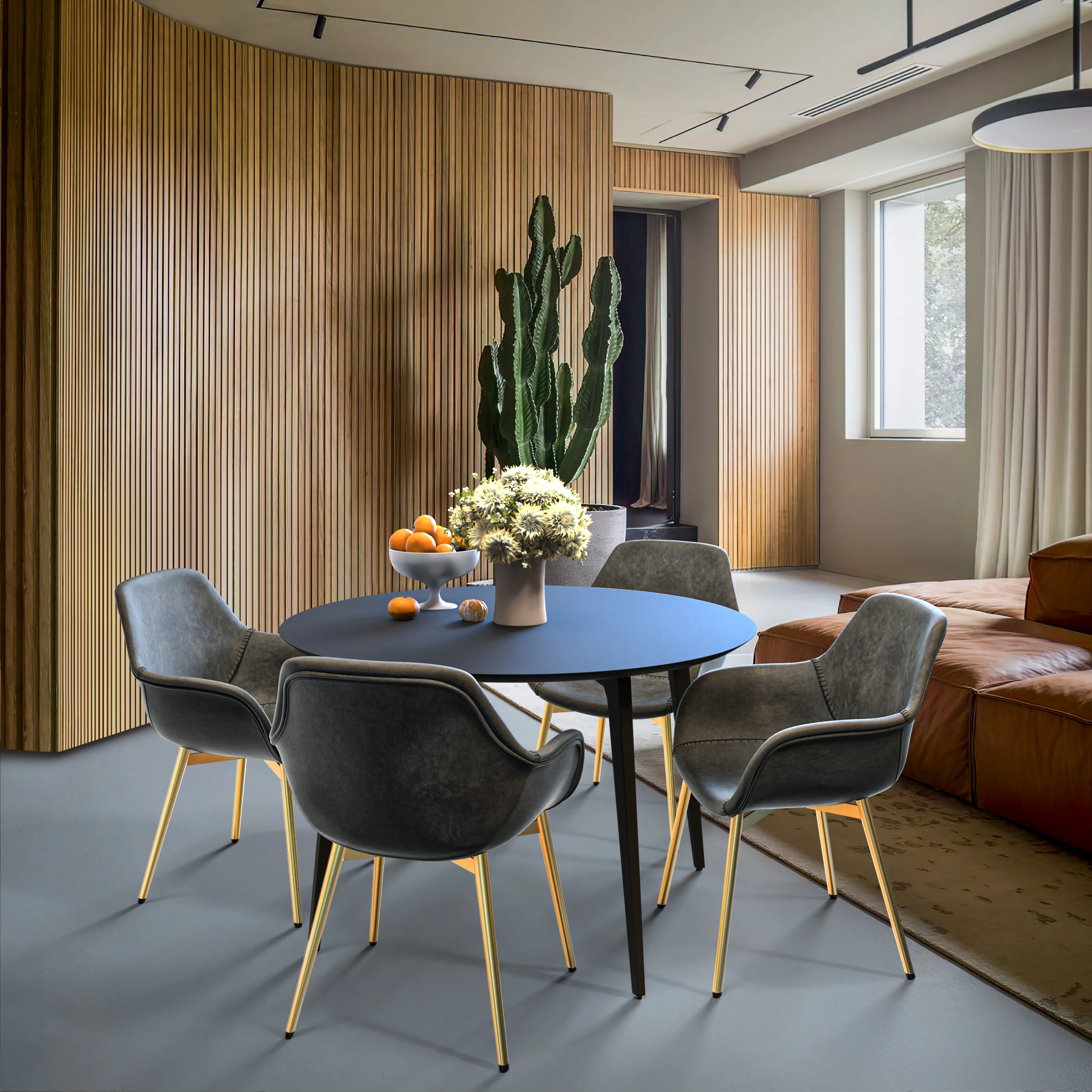 Markley Modern Leather Dining Arm Chair With Gold Metal Legs Set of 2