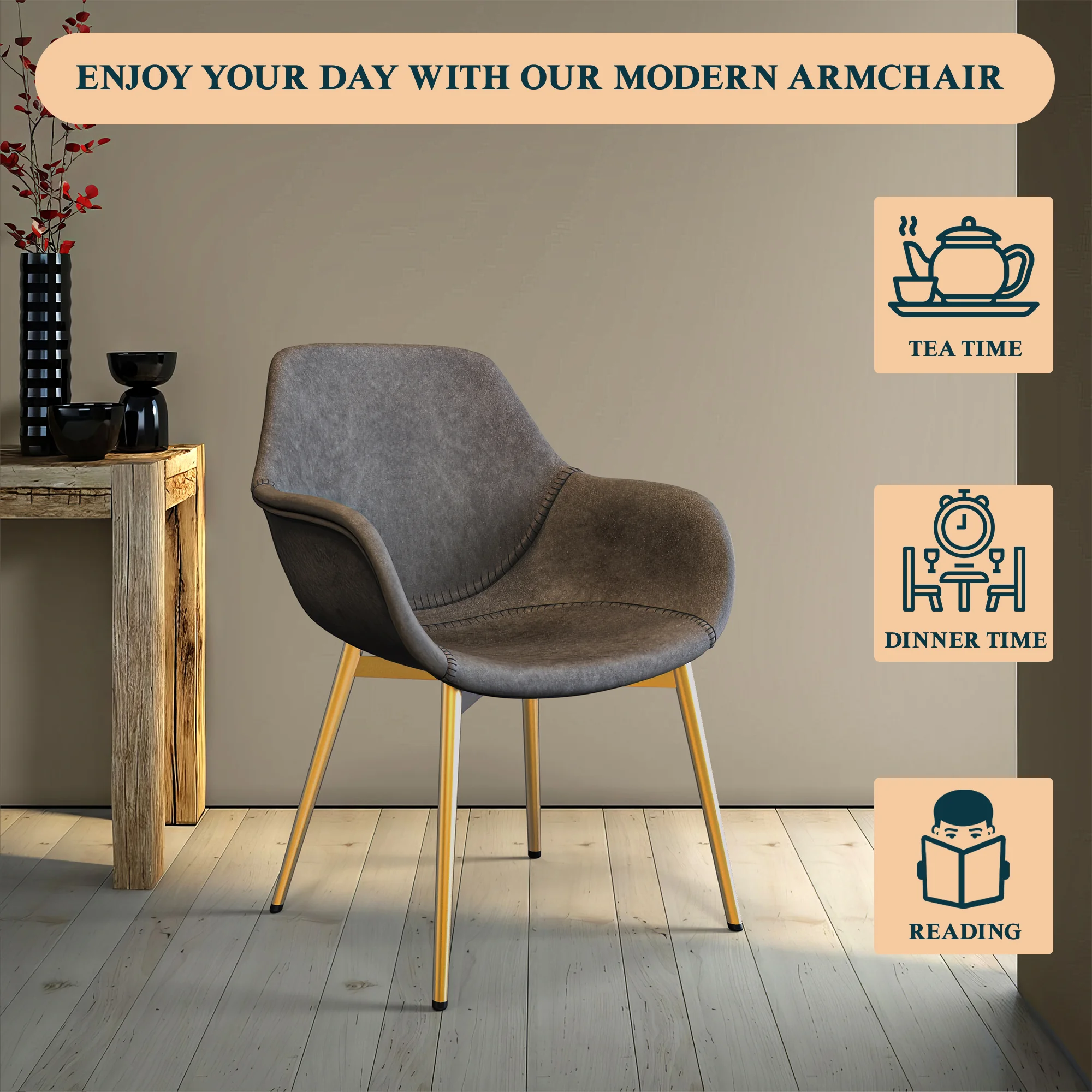 Markley Modern Leather Dining Arm Chair With Gold Metal Legs Set of 2