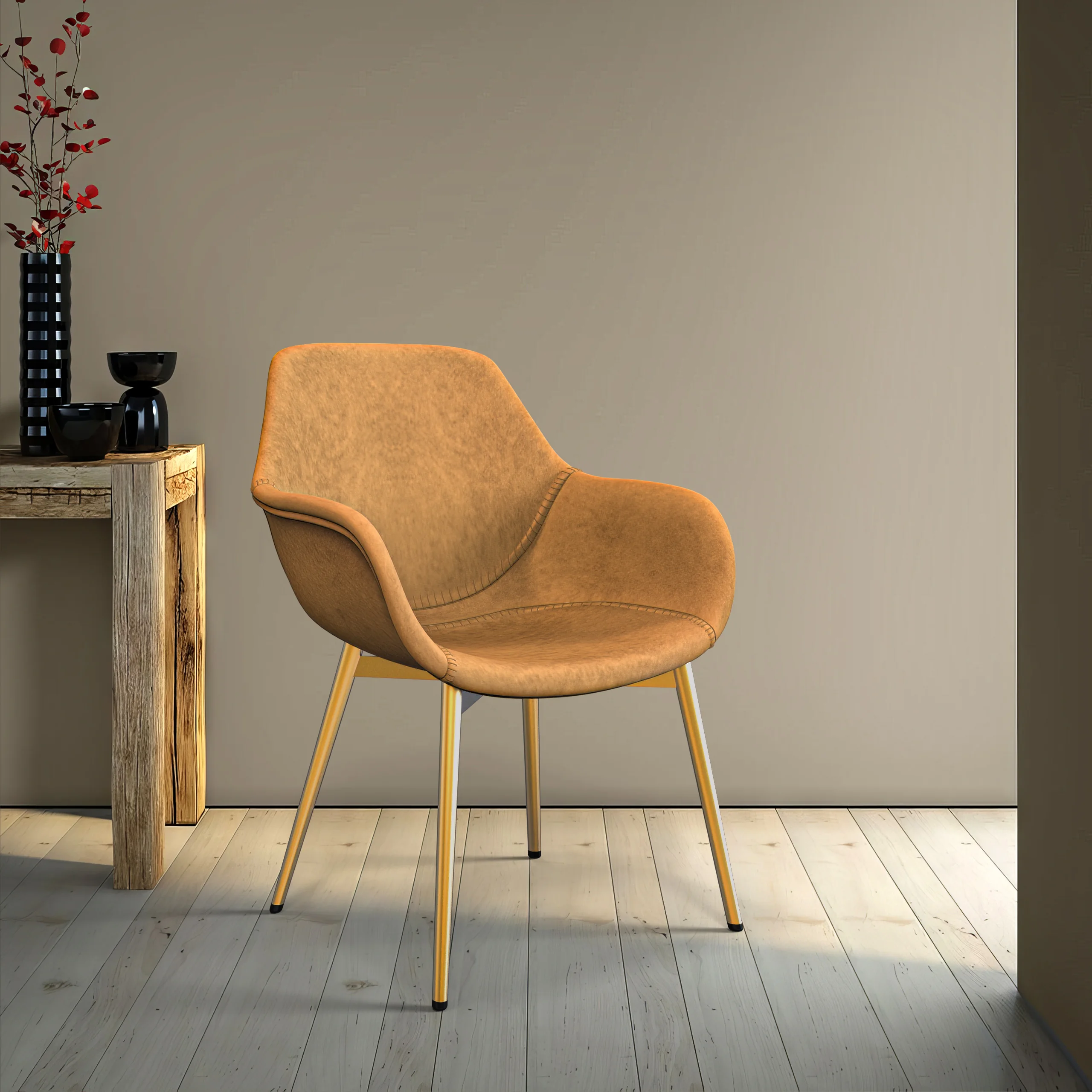 Markley Modern Leather Dining Arm Chair With Gold Metal Legs