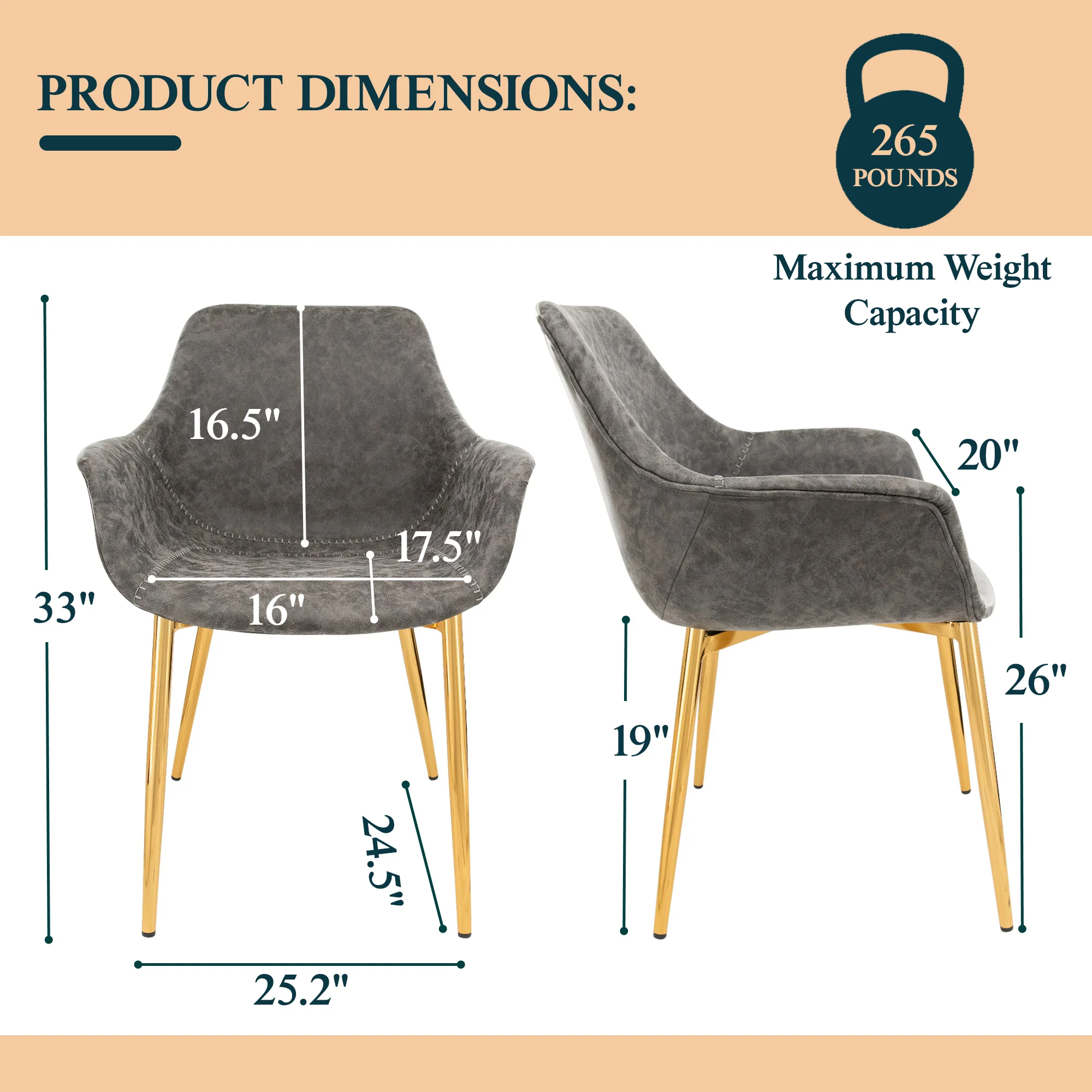Markley Modern Leather Dining Arm Chair With Gold Metal Legs