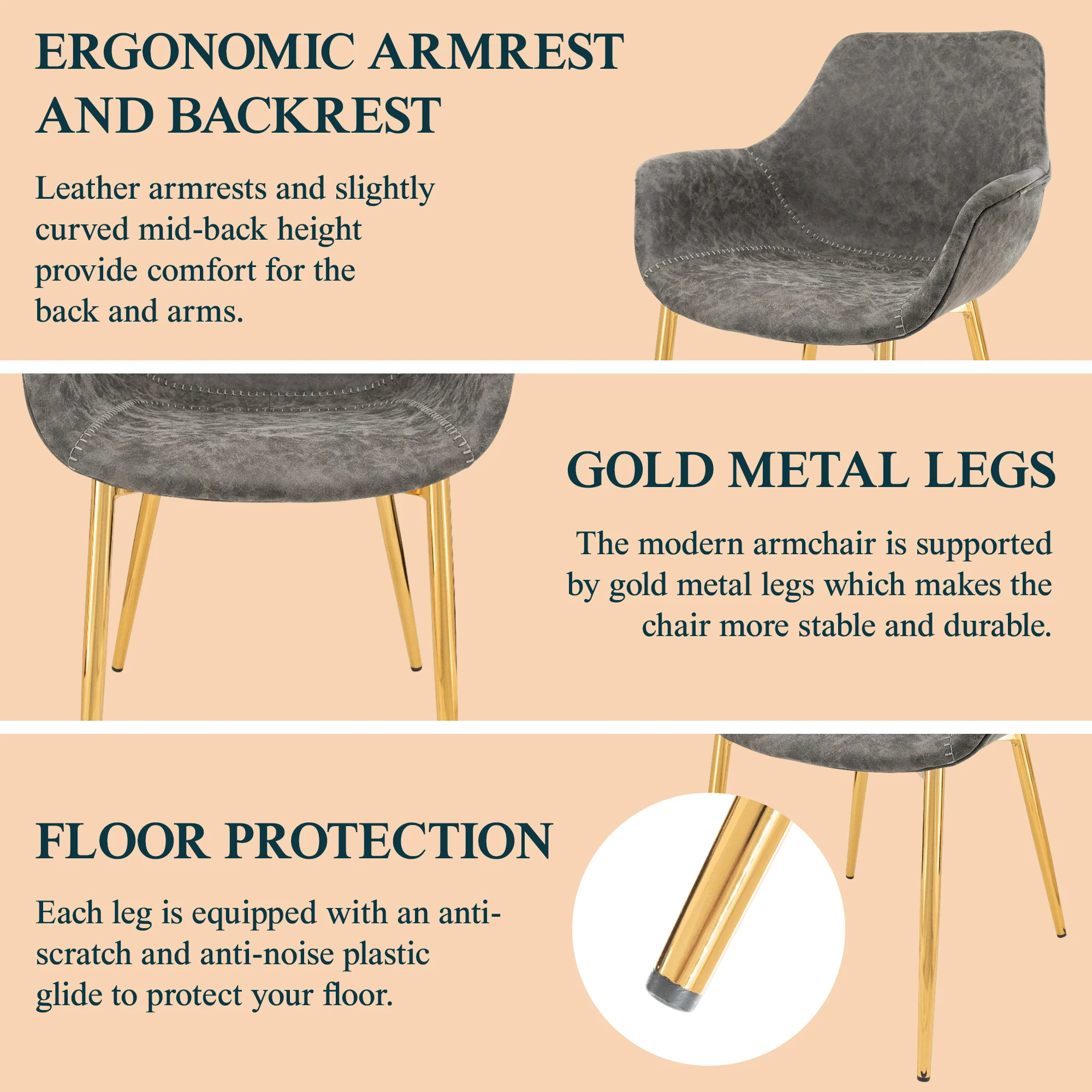 Markley Modern Leather Dining Arm Chair With Gold Metal Legs