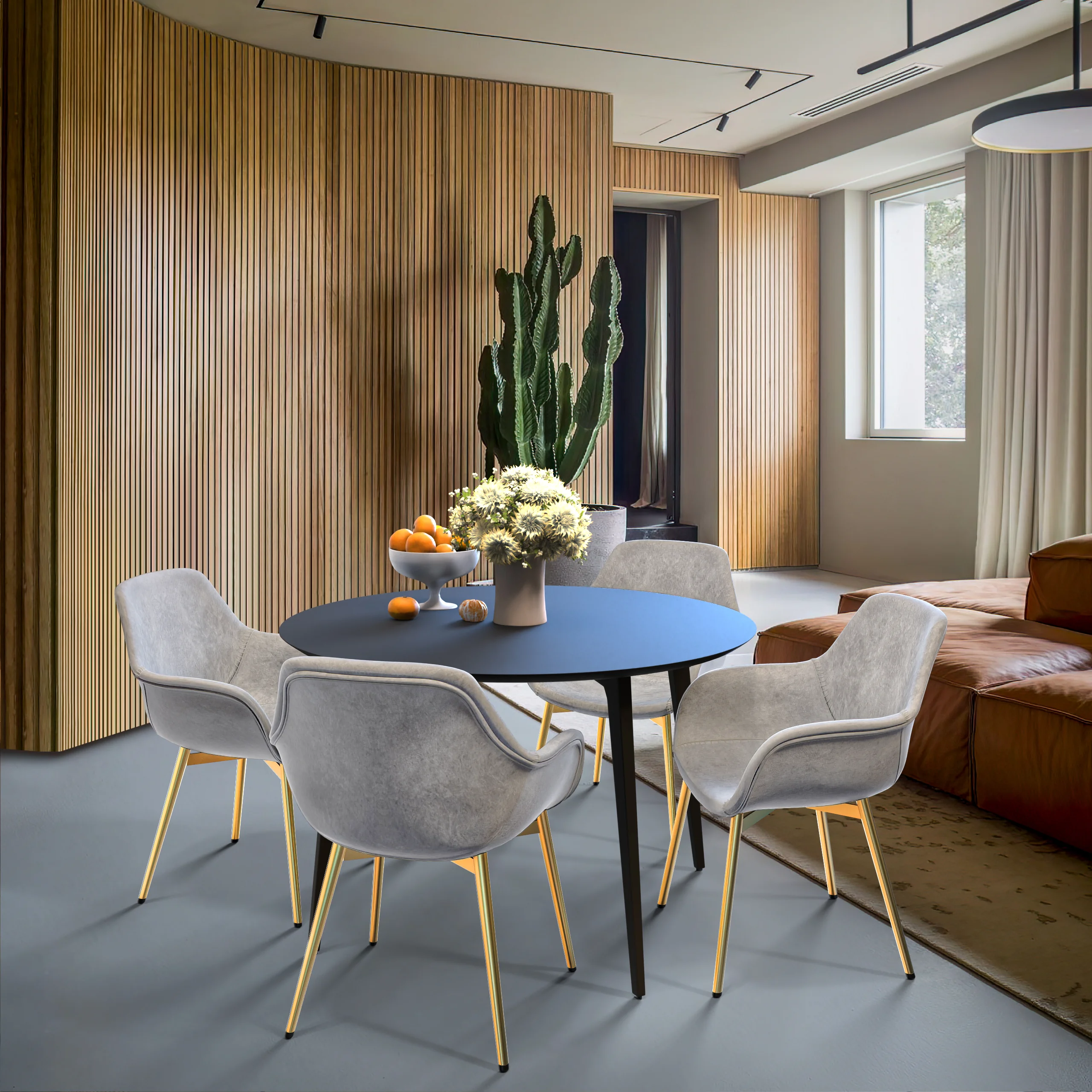 Markley Modern Leather Dining Arm Chair With Gold Light Grey Metal Legs Set of 2