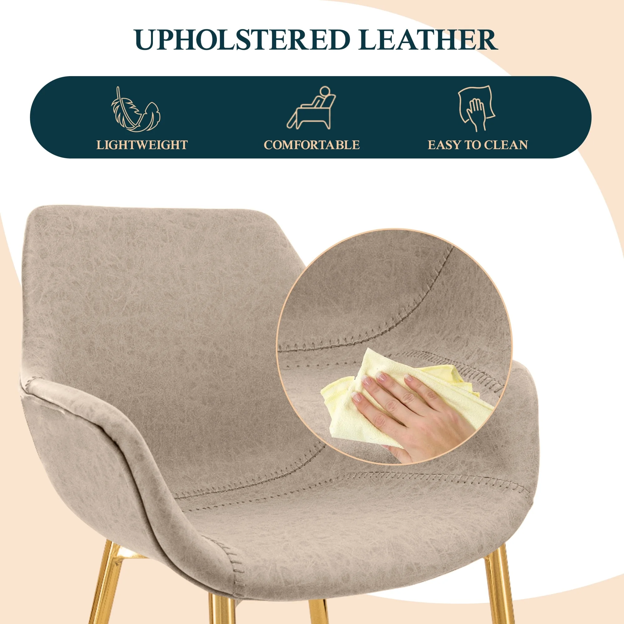 Markley Modern Leather Dining Arm Chair With Gold Legs in Taupe Set of 2