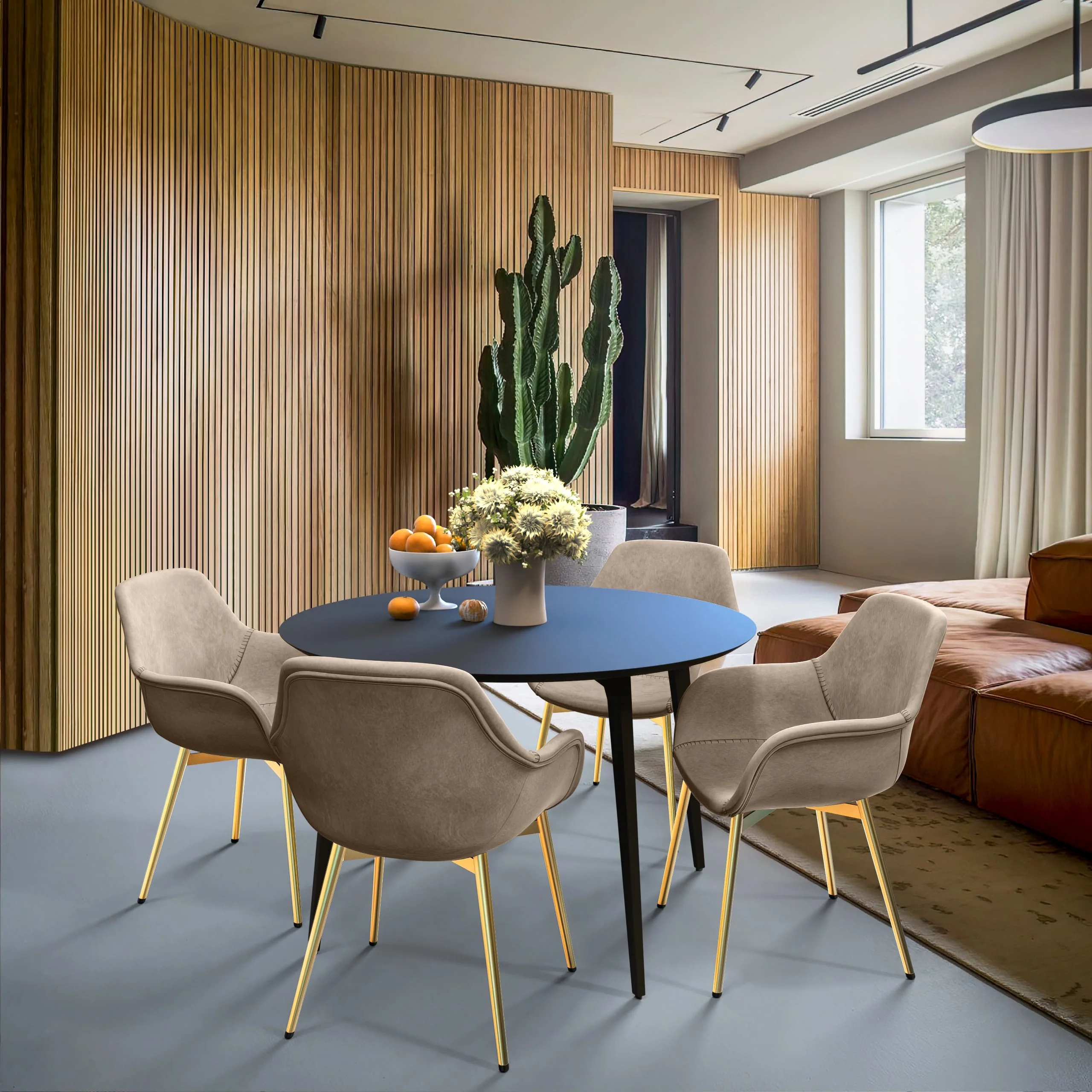 Markley Modern Leather Dining Arm Chair With Gold Legs in Taupe Set of 4