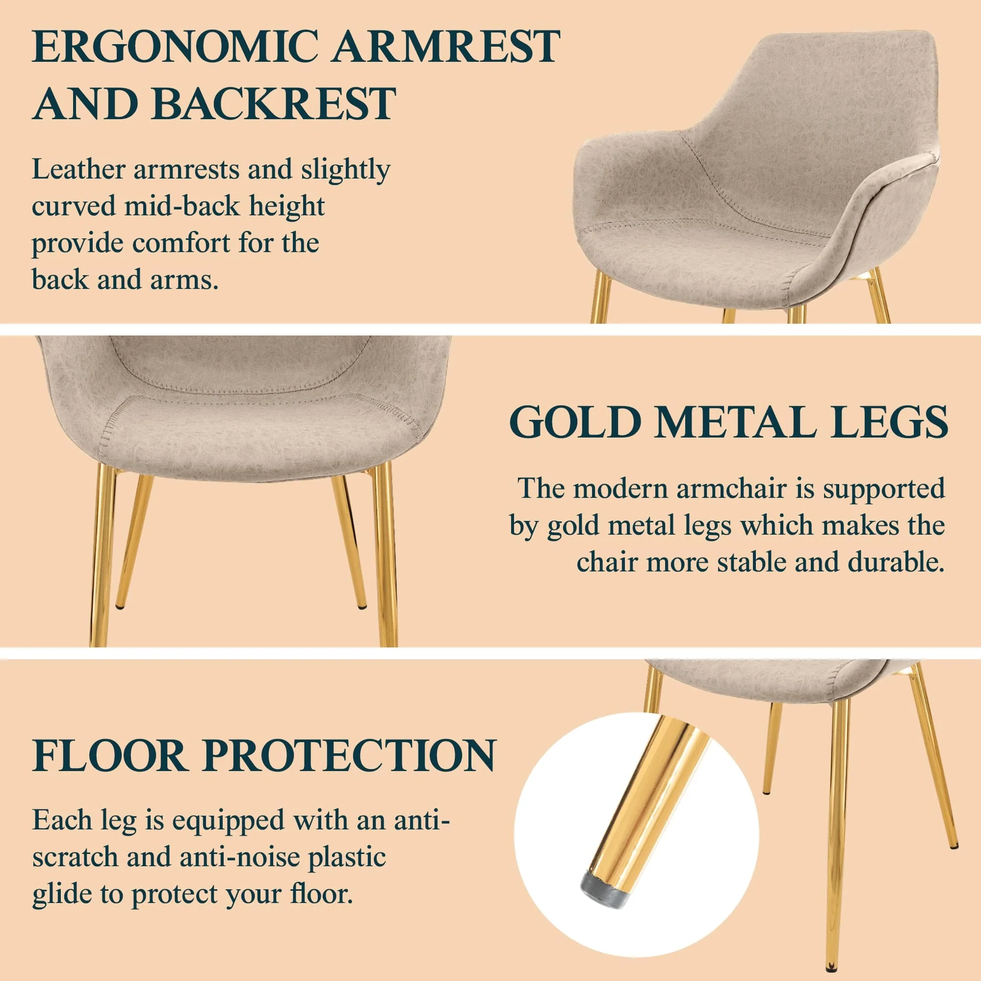 Markley Modern Leather Dining Arm Chair With Gold Legs in Taupe Set of 4