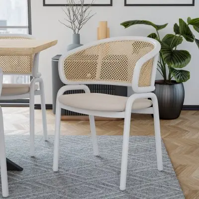 Ervilla Modern Dining Chair with White Powder Coated Steel Legs and Wicker Back, Set of 2