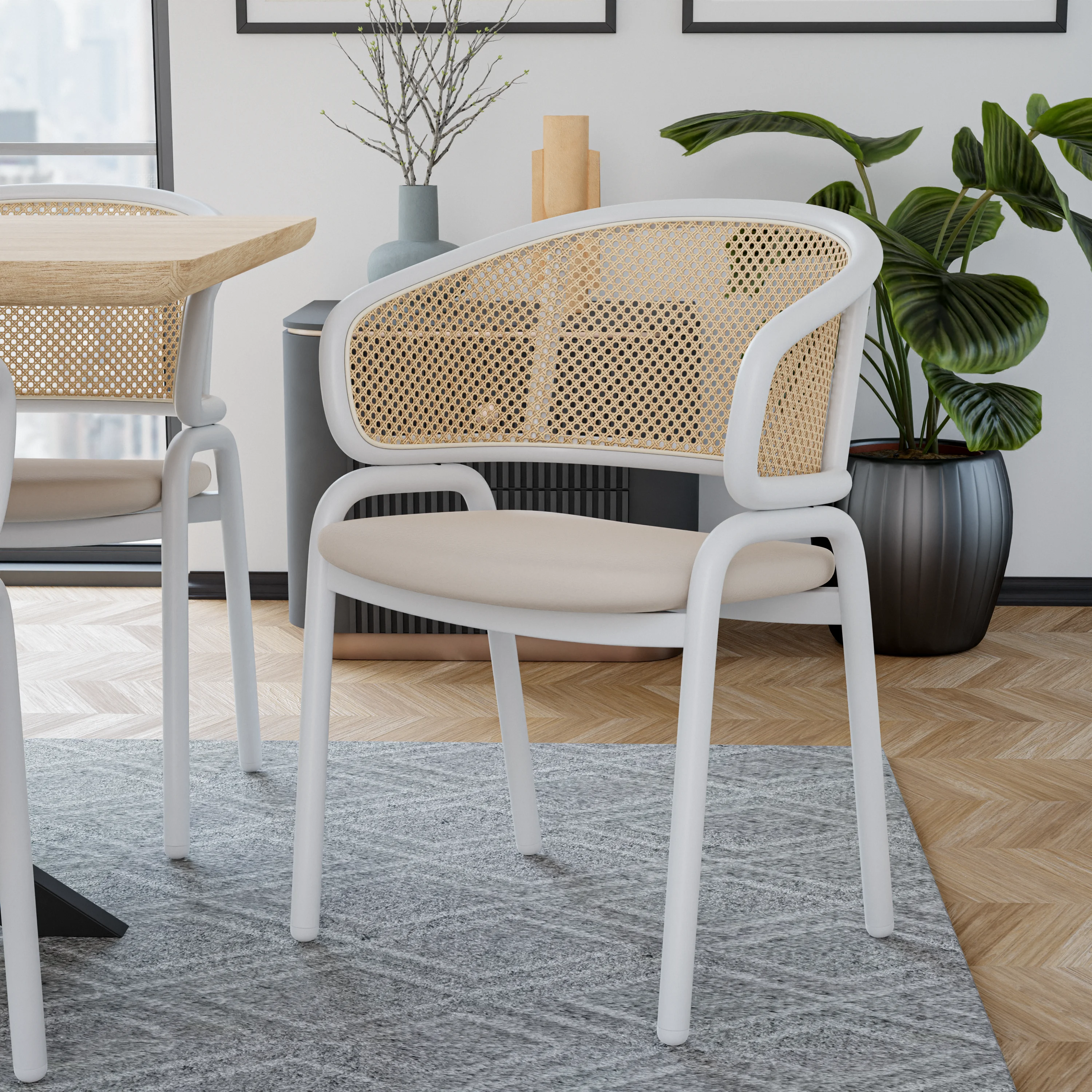 Ervilla Modern Dining Chair with White Powder Coated Steel Legs and Wicker Back, Set of 4