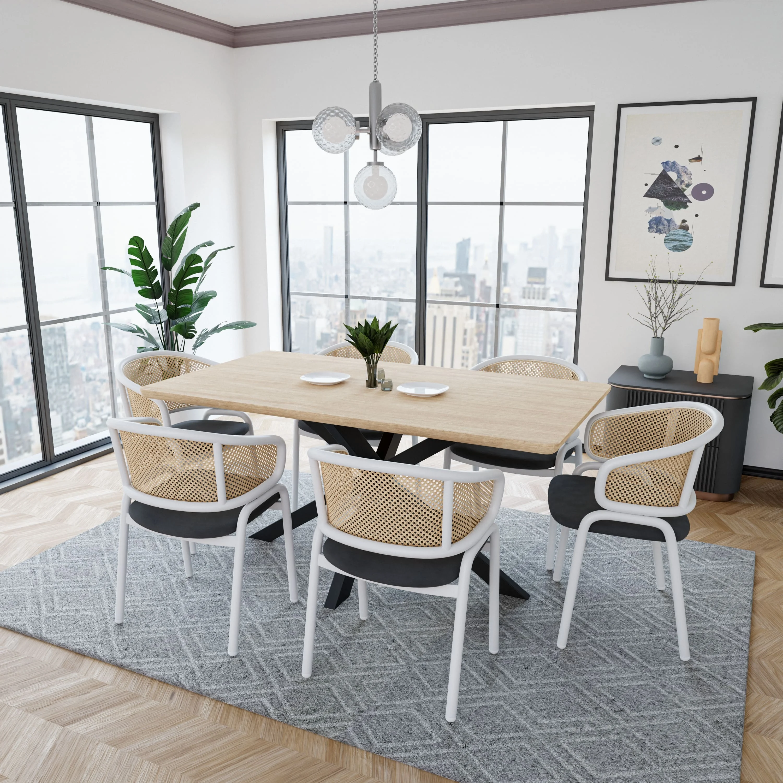 Ervilla - Dining Chair - White frame in Black Leather Set of 4