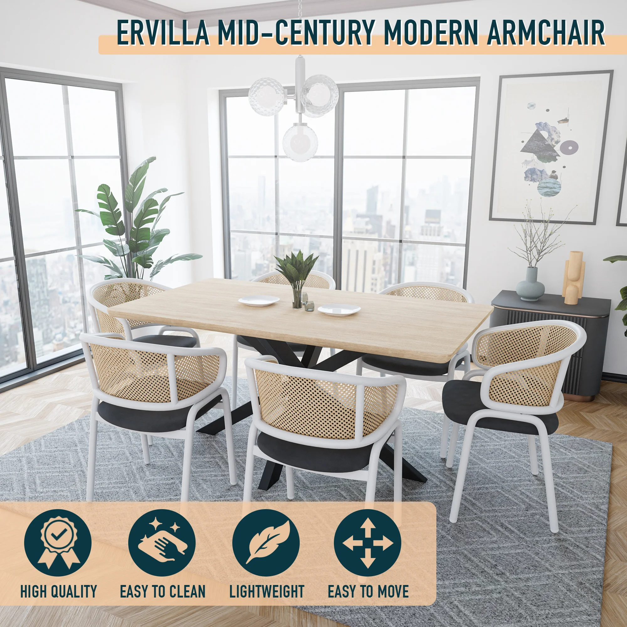 Ervilla Modern Dining Chair with White Powder Coated Steel Legs and Wicker Back