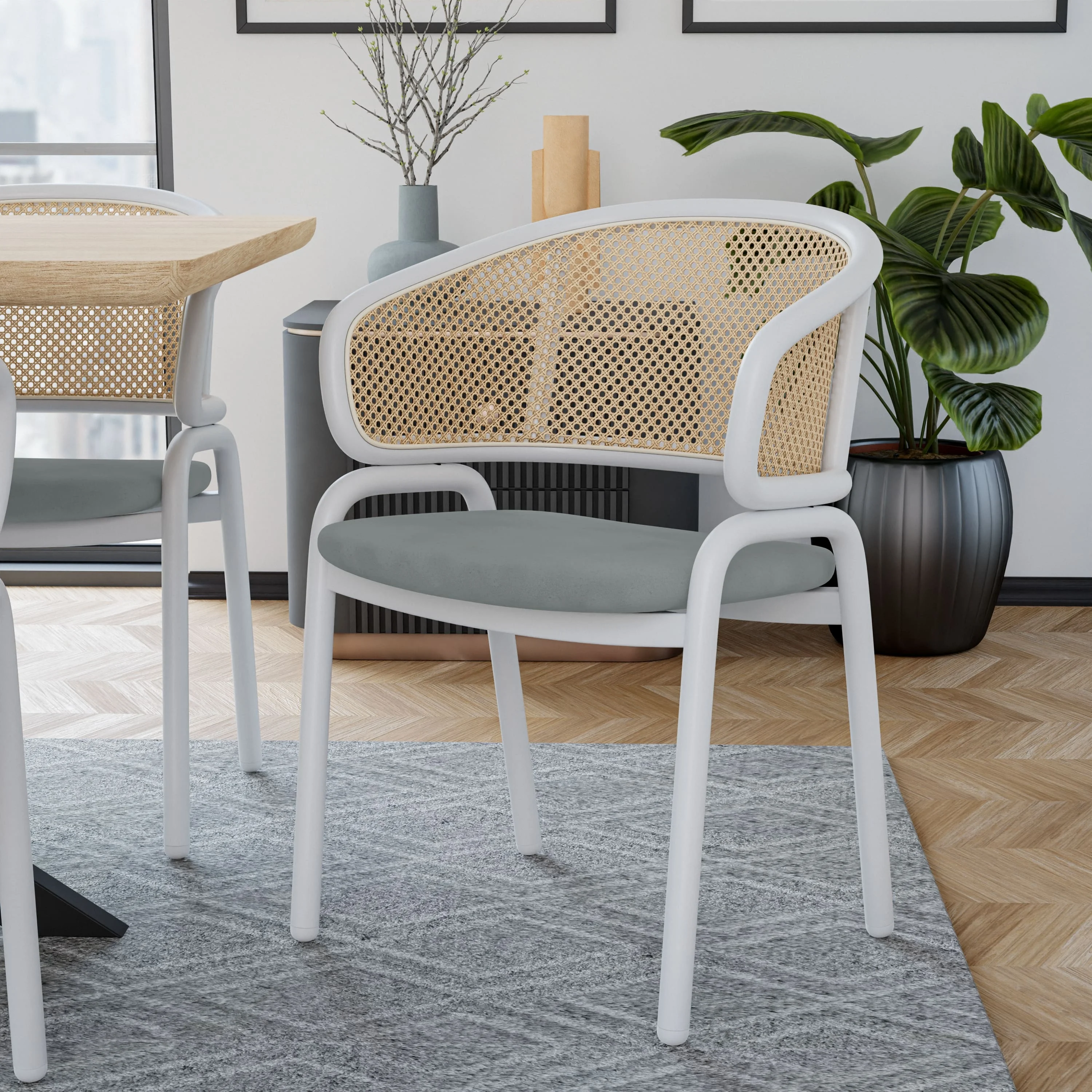 Ervilla - Dining Chair - White frame in Grey Leather Set of 2