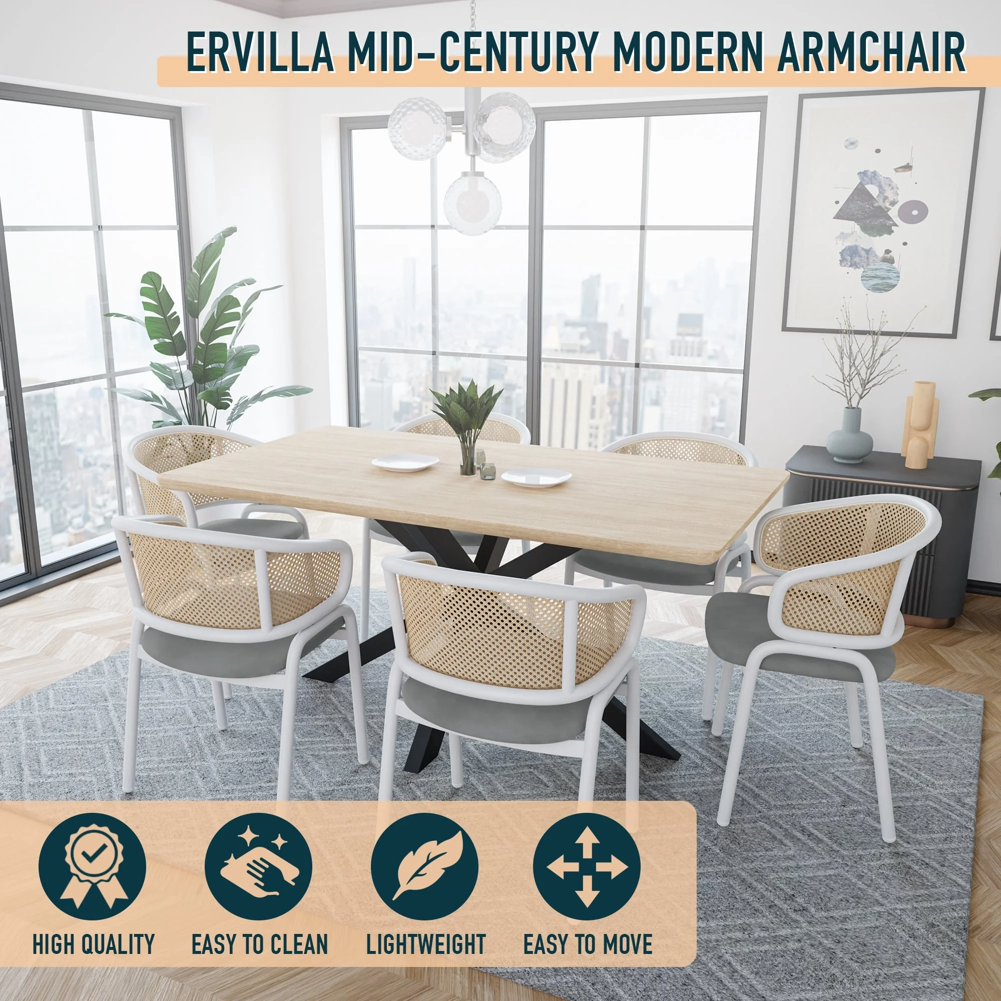 Ervilla - Dining Chair - White frame in Grey Leather Set of 4