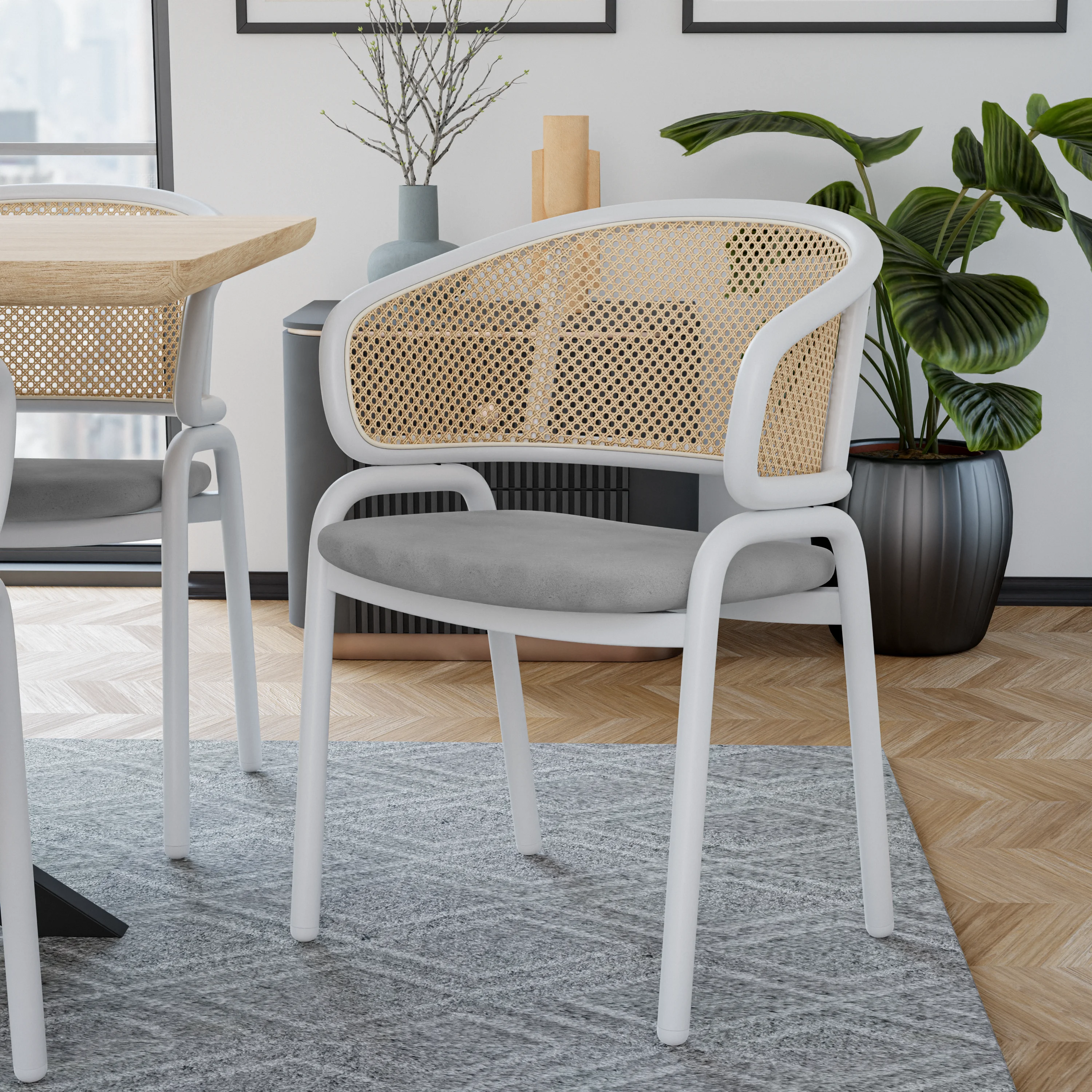 Ervilla Modern Dining Chair with White Powder Coated Steel Legs and Wicker Back