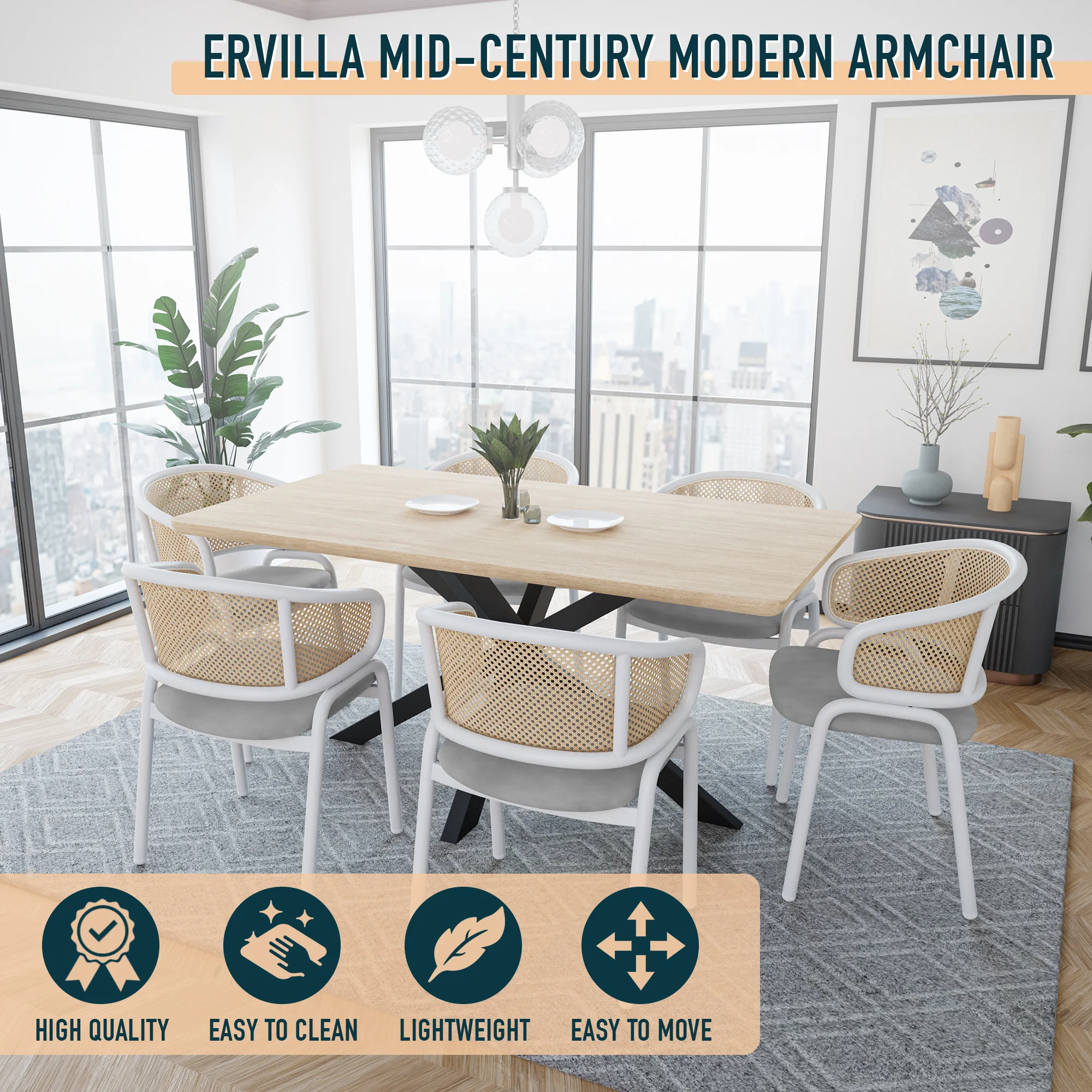 Ervilla Modern Dining Chair with White Powder Coated Steel Legs and Wicker Back