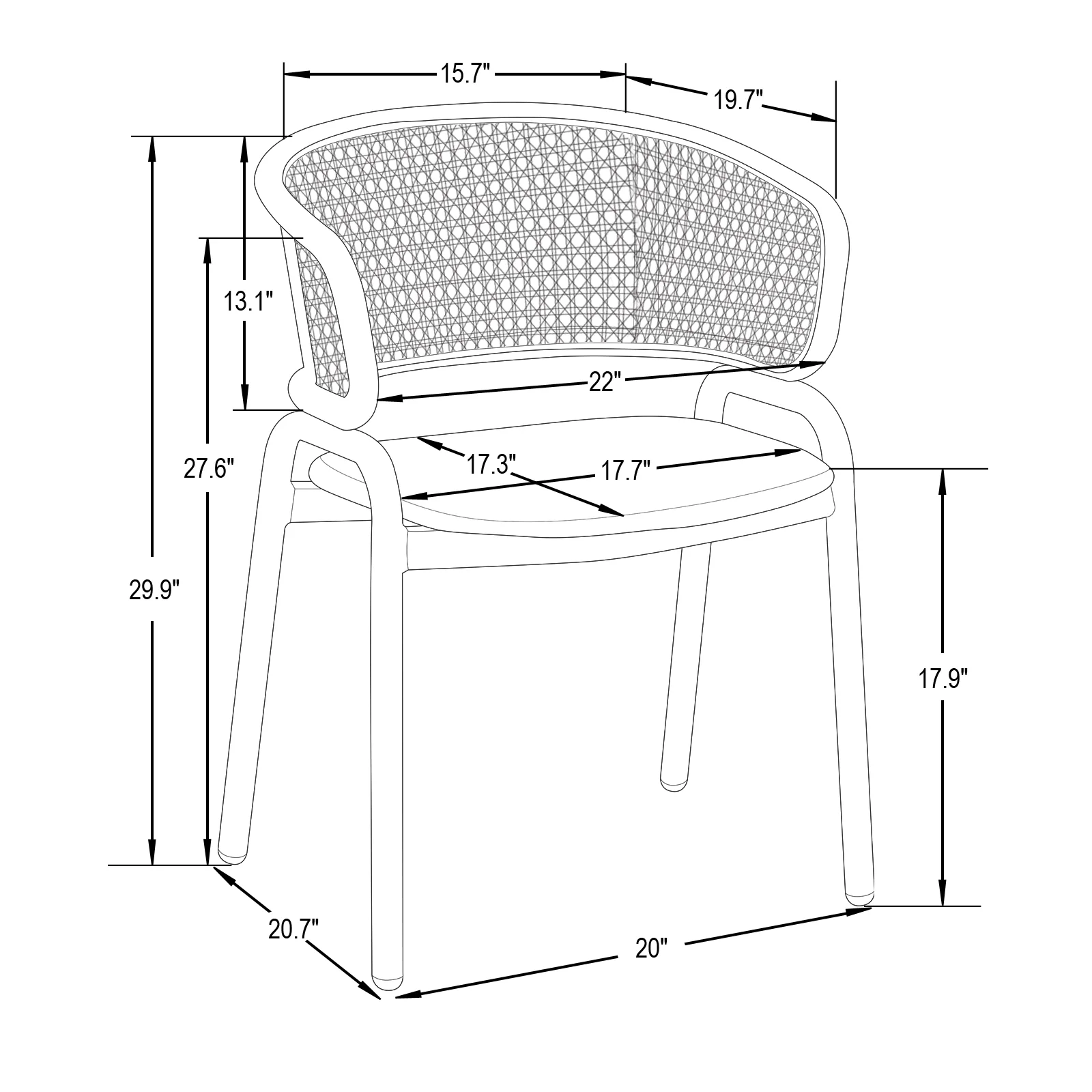 Ervilla Modern Dining Chair with White Powder Coated Steel Legs and Wicker Back, Set of 2