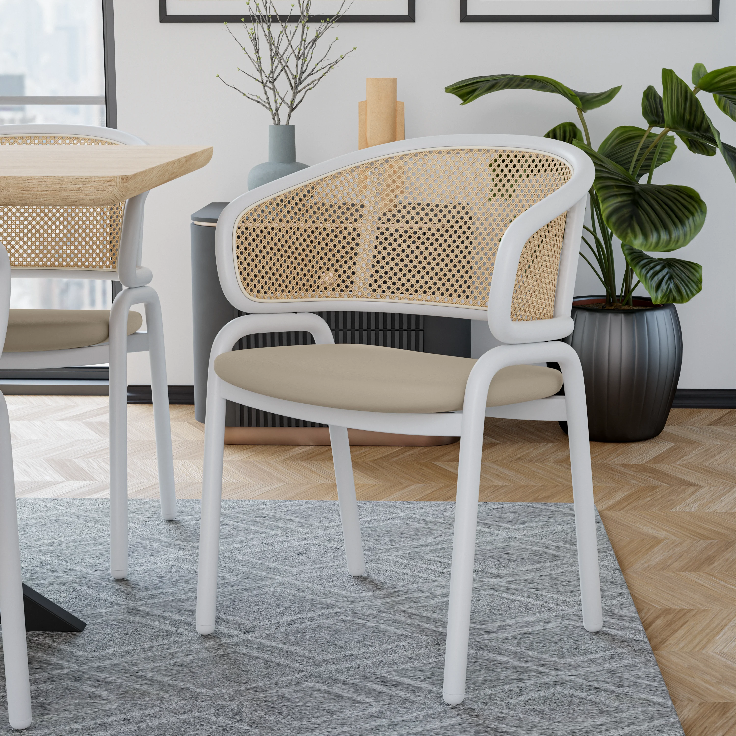 Ervilla - Dining Chair - White frame in Taupe Leather