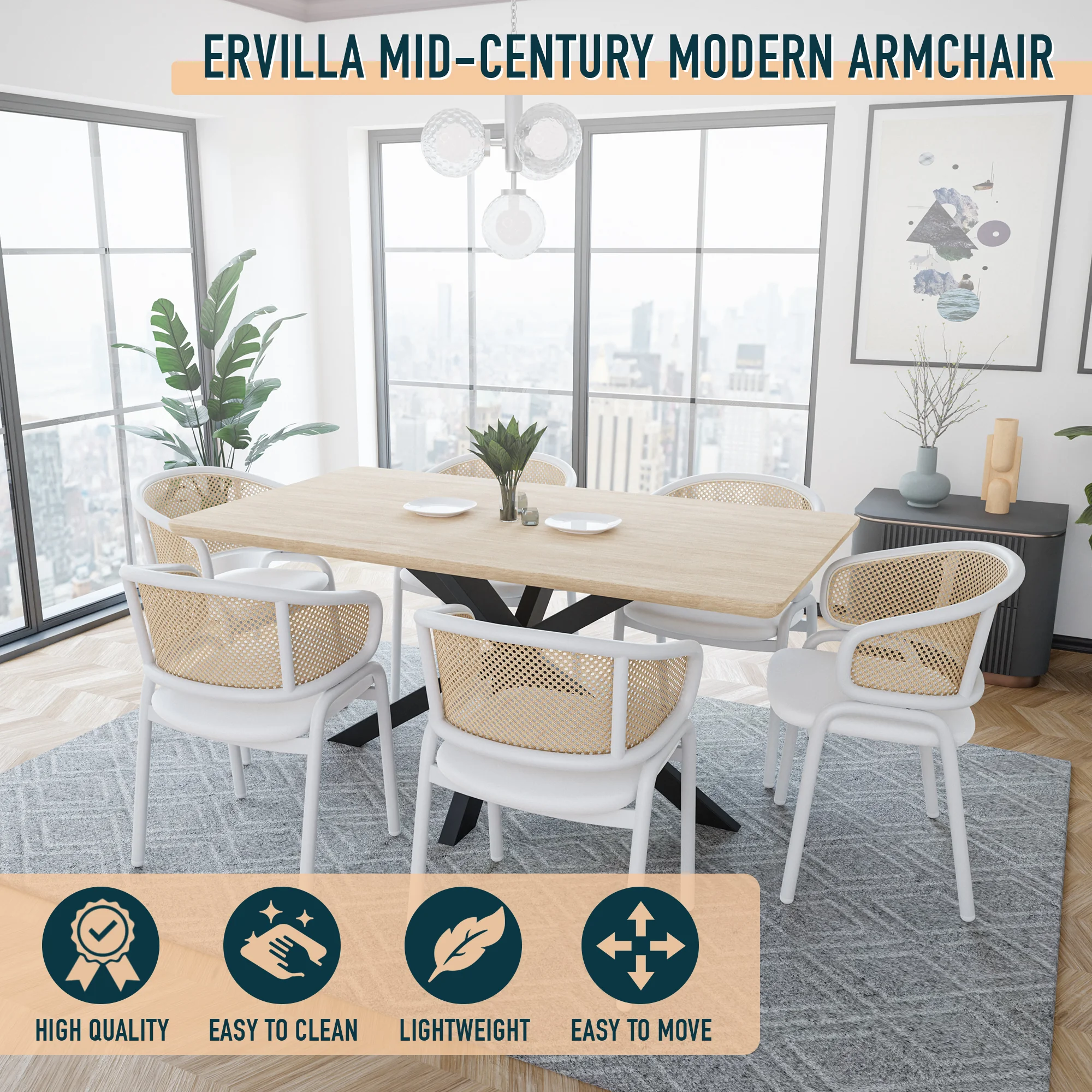 Ervilla Modern Dining Chair with White Powder Coated Steel Legs and Wicker Back