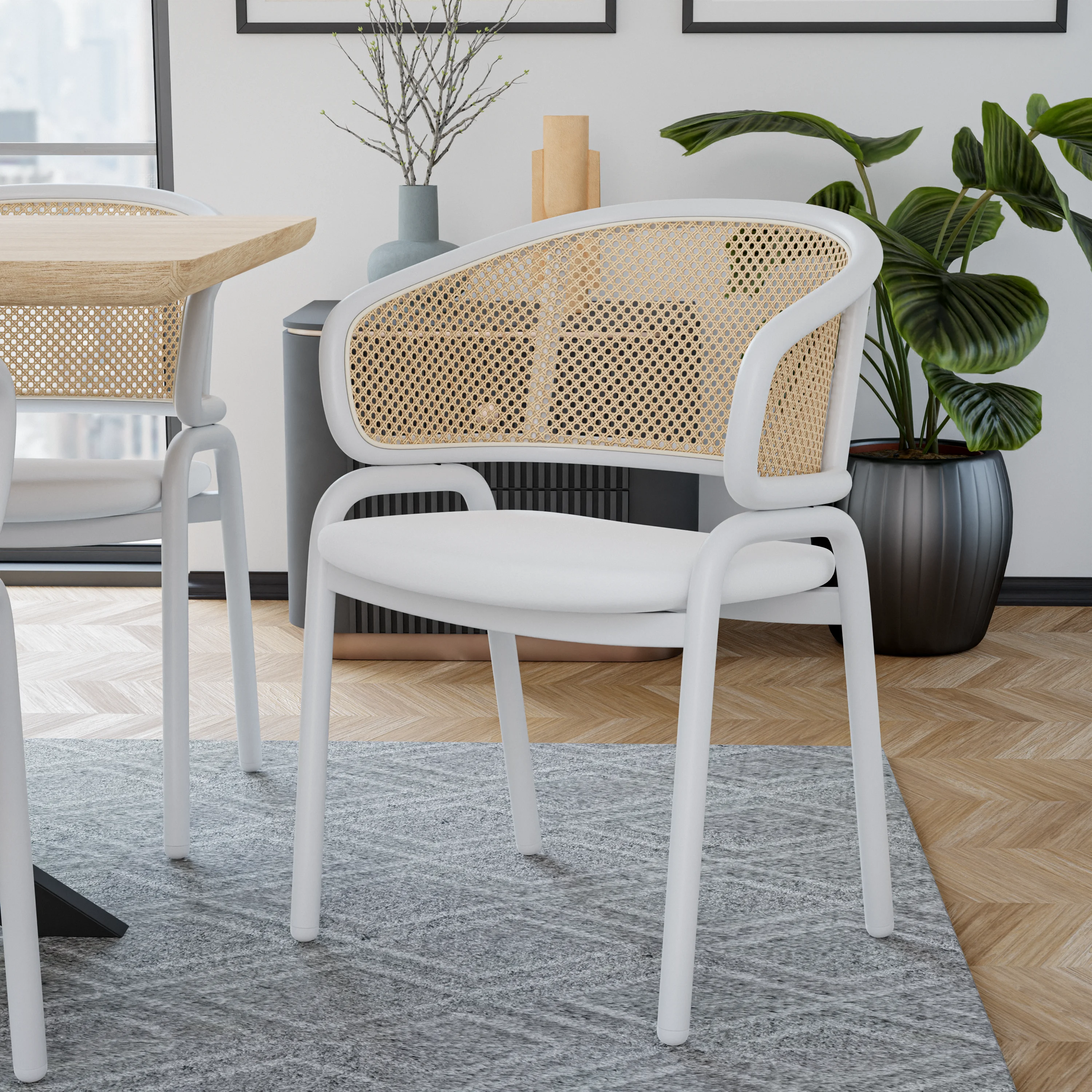 Ervilla Modern Dining Chair with White Powder Coated Steel Legs and Wicker Back, Set of 2