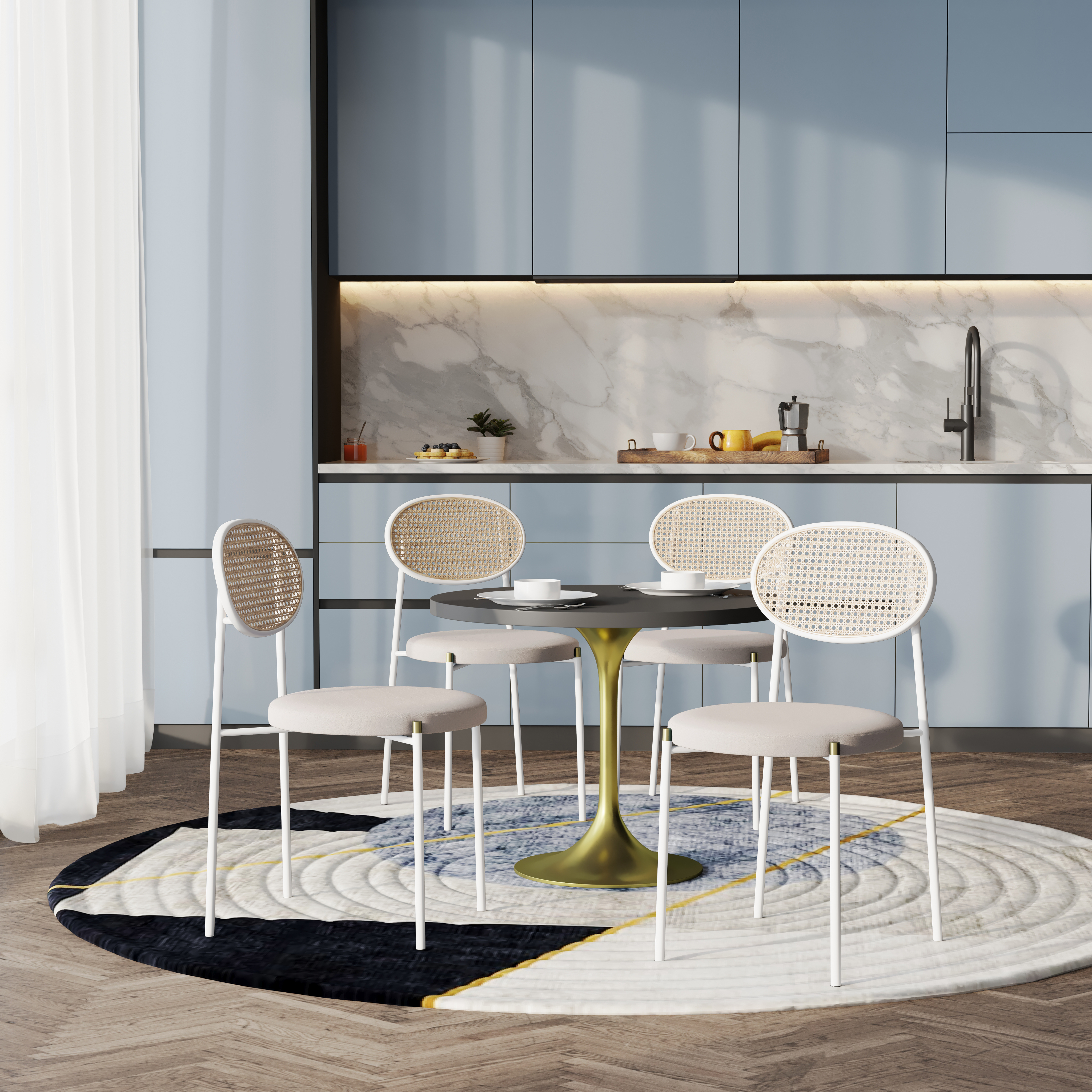 5-Piece Dining Set with 36" Round Dining Table Black MDF Top and Gold Base with 4 Velvet Dining Chairs in White Steel Legs in Beige