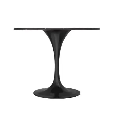 5-Piece Dining Set with 36" Round Dining Table Black Sintered Stone Top and Black Pedestal with 4 Velvet Dining Chairs in White Steel Legs in Beige