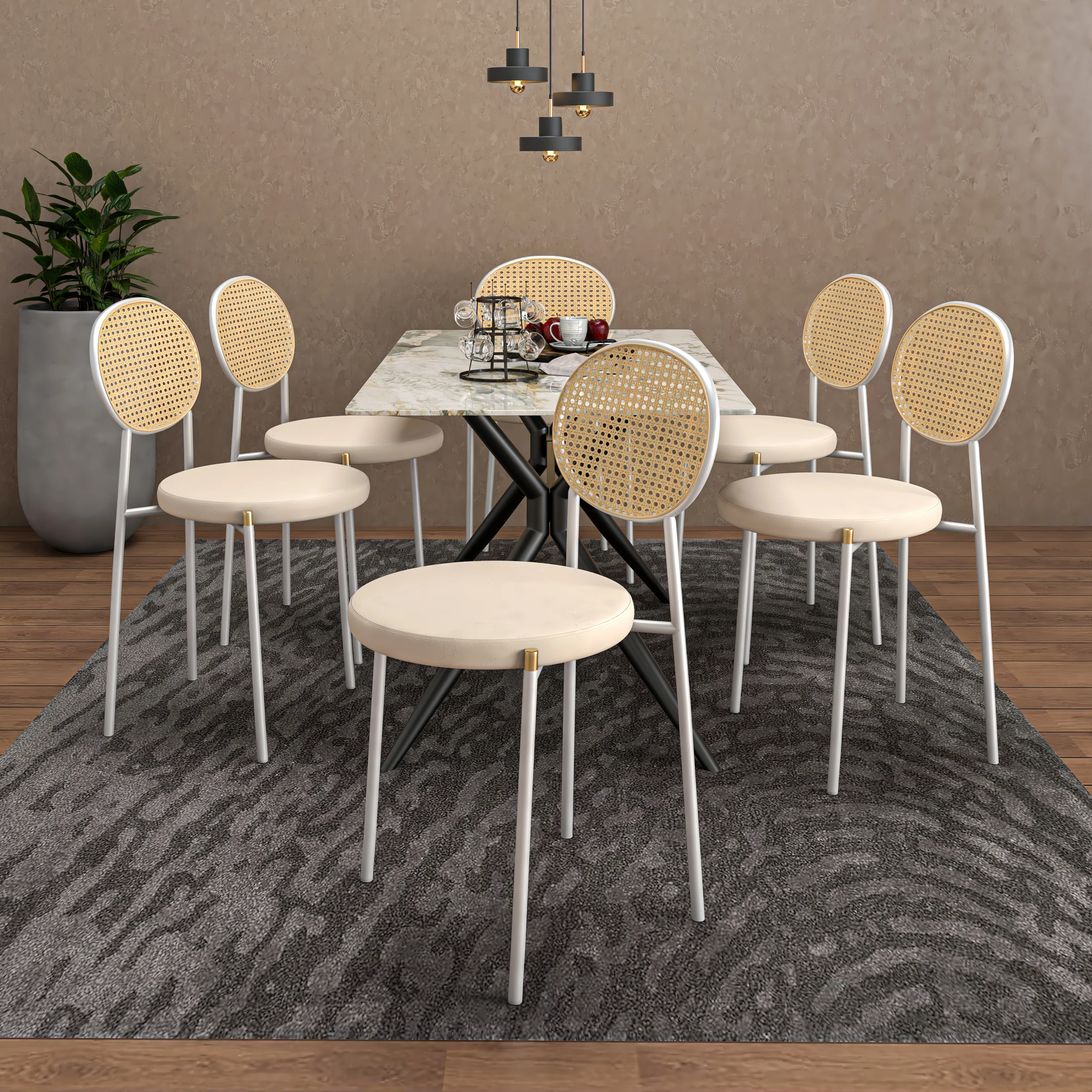 7-Piece Dining Set with Rectangular Sintered Stone Dining Table and 6 Velvet Dining Side Chairs with Wicker Back